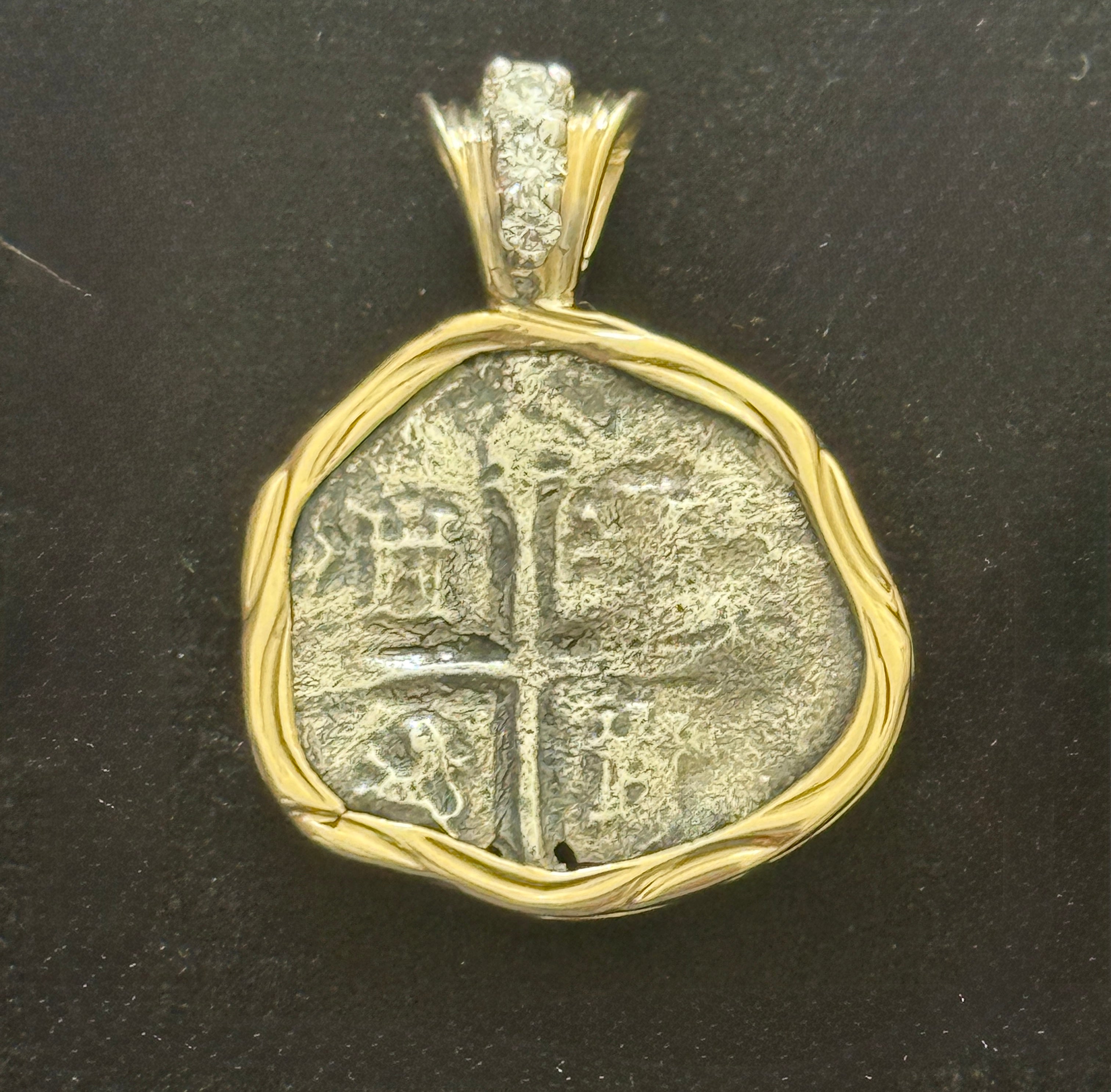 Atocha 1 Real Grade 2 Mounted in 14k Gold 3.1 grams and 0.18ct Diamonds Beautiful Coin