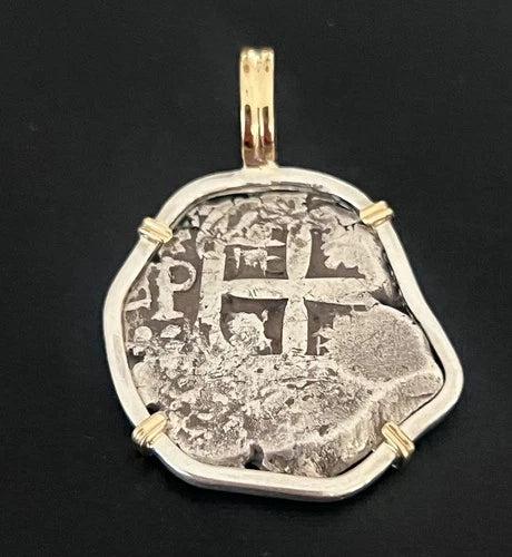 Mounted 4 REALES POTOSI Original Land Find Mounted in Silver/14k