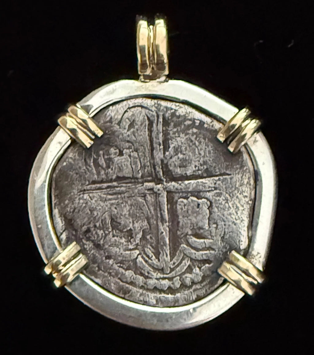 Mounted 1 REAL POTOSI Original Land Find Mounted 14k gold and Silver(ATOCHA ERA)