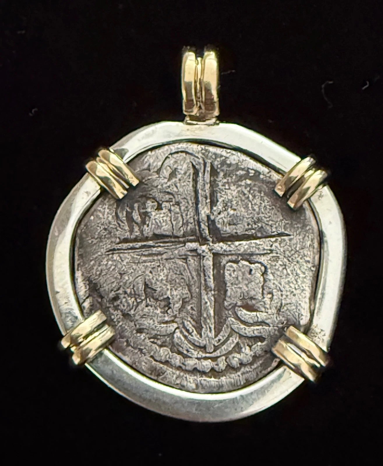 Mounted 1 REAL POTOSI Original Land Find Mounted 14k gold and Silver(ATOCHA ERA)