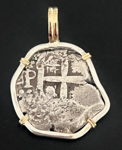 Mounted 4 REALES POTOSI Original Land Find Mounted in Silver/14k