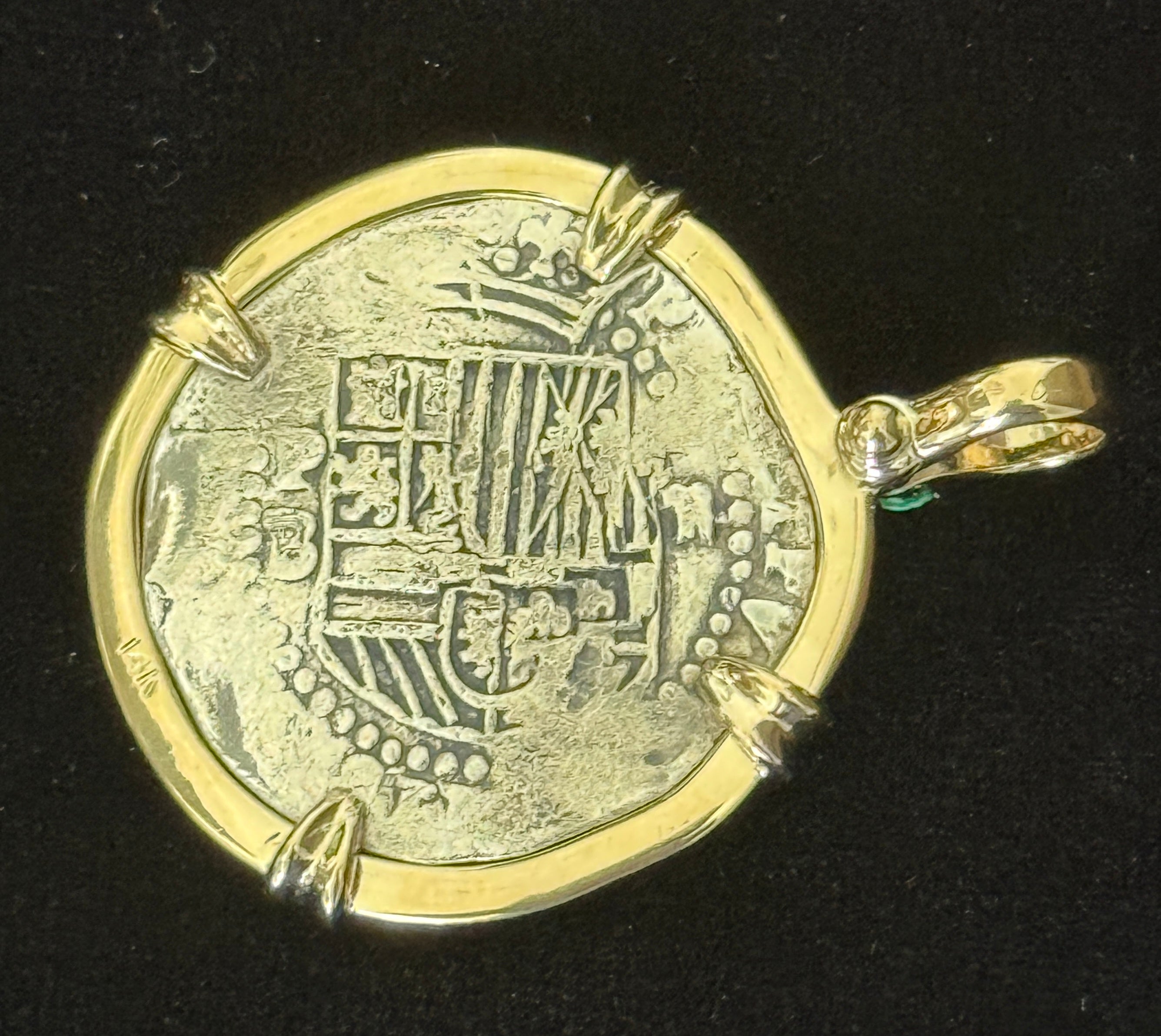 Atocha 2 Reales Grade 1 Mounted in 14k Gold and 0.17ct Emerald