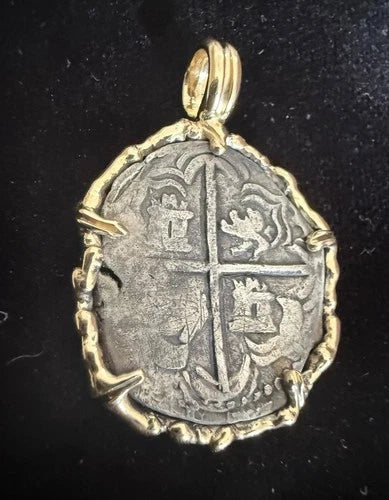 Mounted 2 REAL POTOSI Original Land Find Mounted 14k gold (ATOCHA ERA)