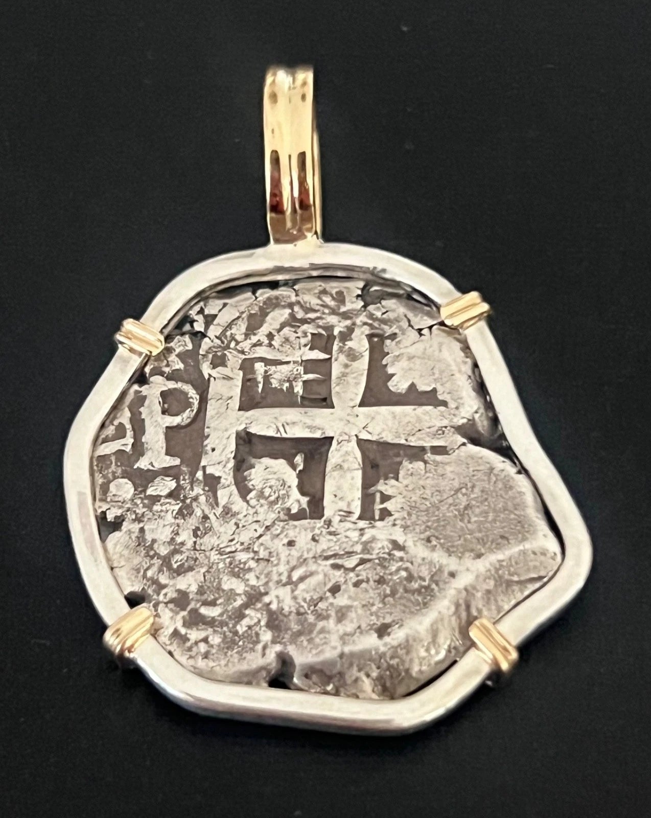 Mounted 4 REALES POTOSI Original Land Find Mounted in Silver/14k