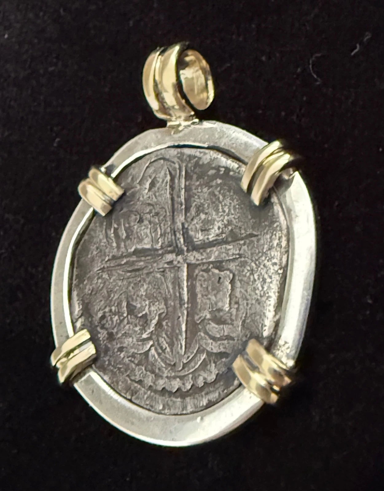 Mounted 1 REAL POTOSI Original Land Find Mounted 14k gold and Silver(ATOCHA ERA)