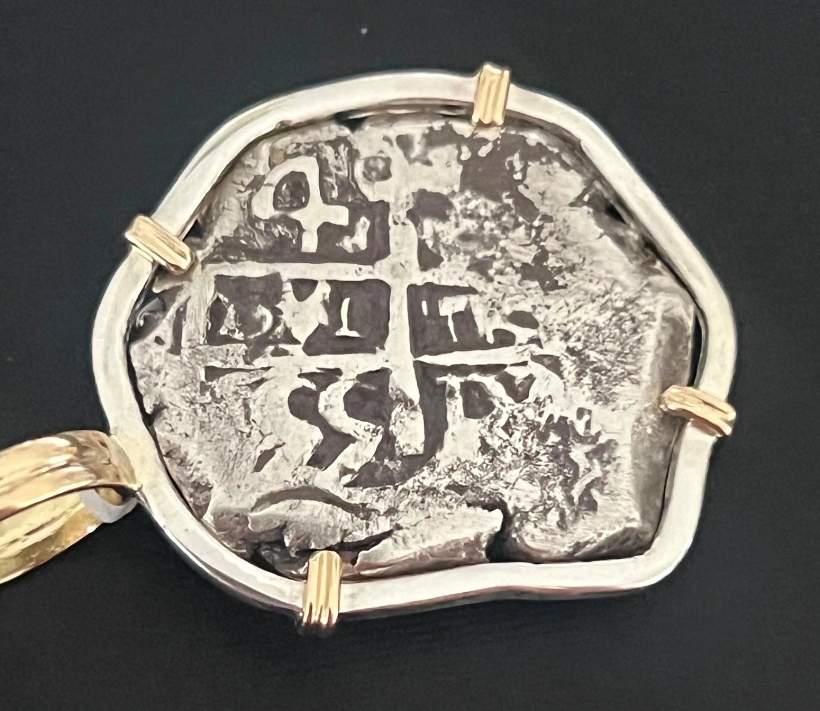 Mounted 4 REALES POTOSI Original Land Find Mounted in Silver/14k