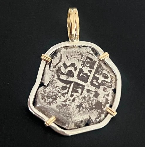 Mounted 4 REALES POTOSI Original Land Find Mounted in Silver/14k