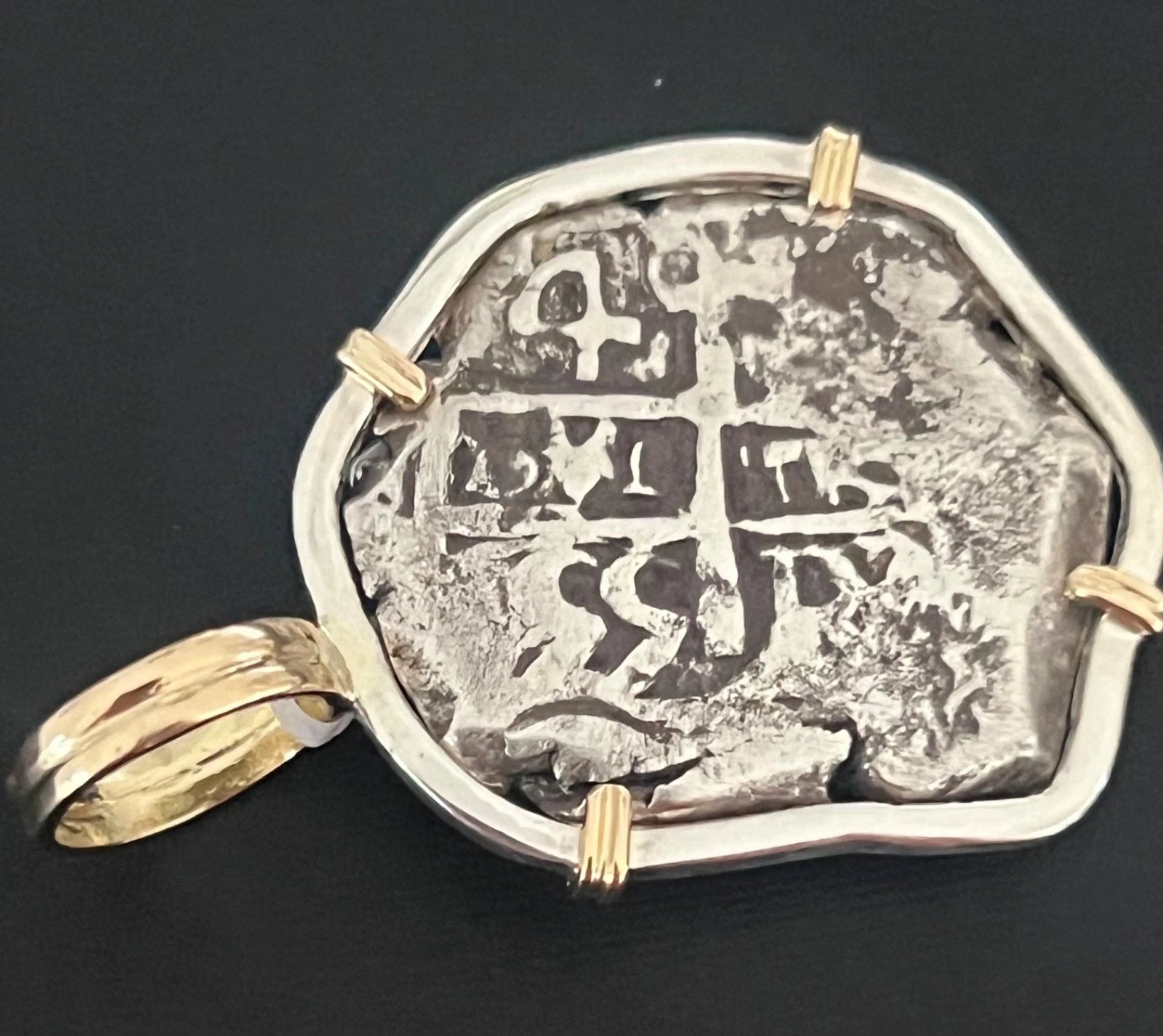 Mounted 4 REALES POTOSI Original Land Find Mounted in Silver/14k