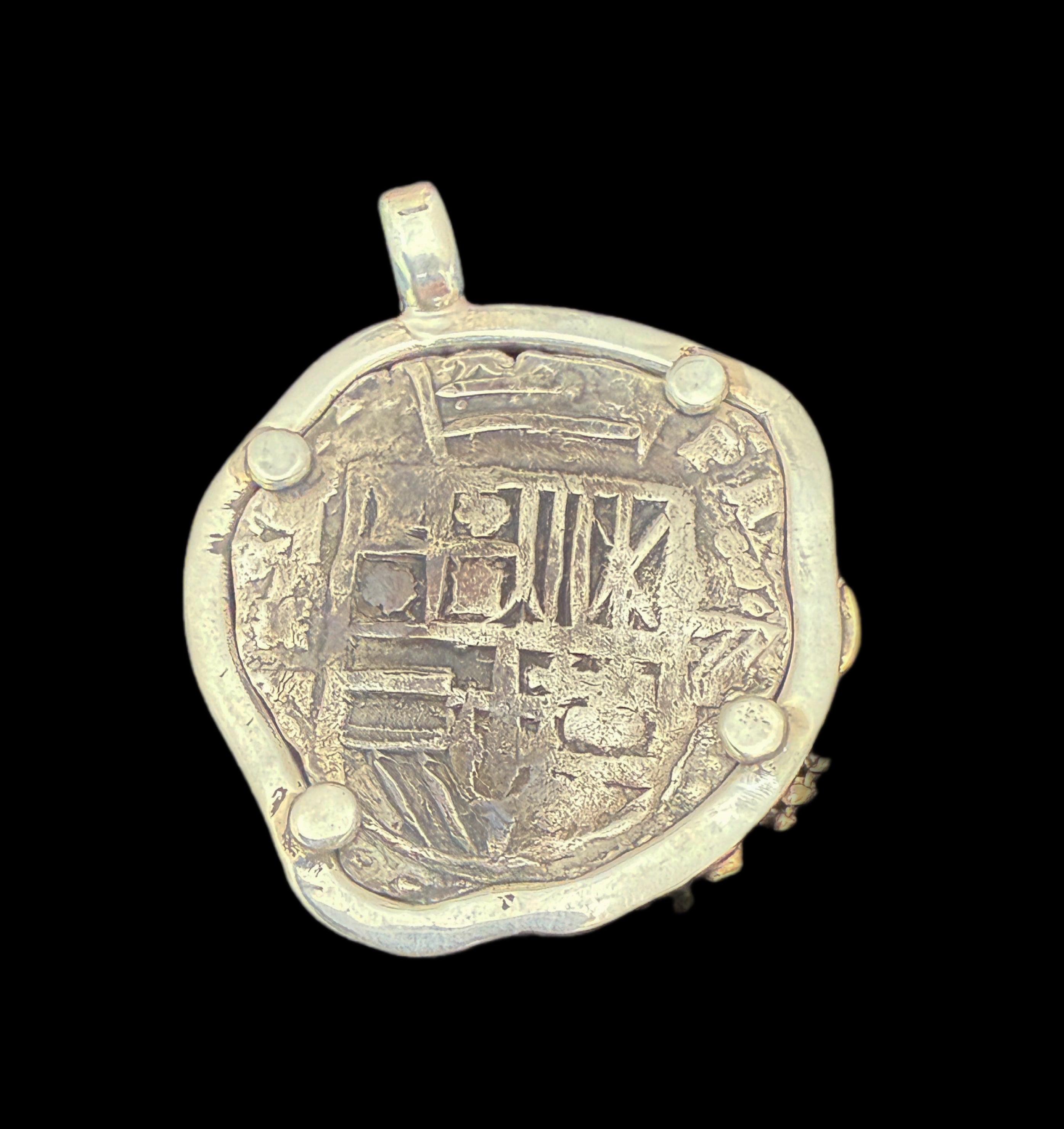 2 REALES POTOSI Original Land Find Mounted 14k gold and Silver (ATOCHA ERA)