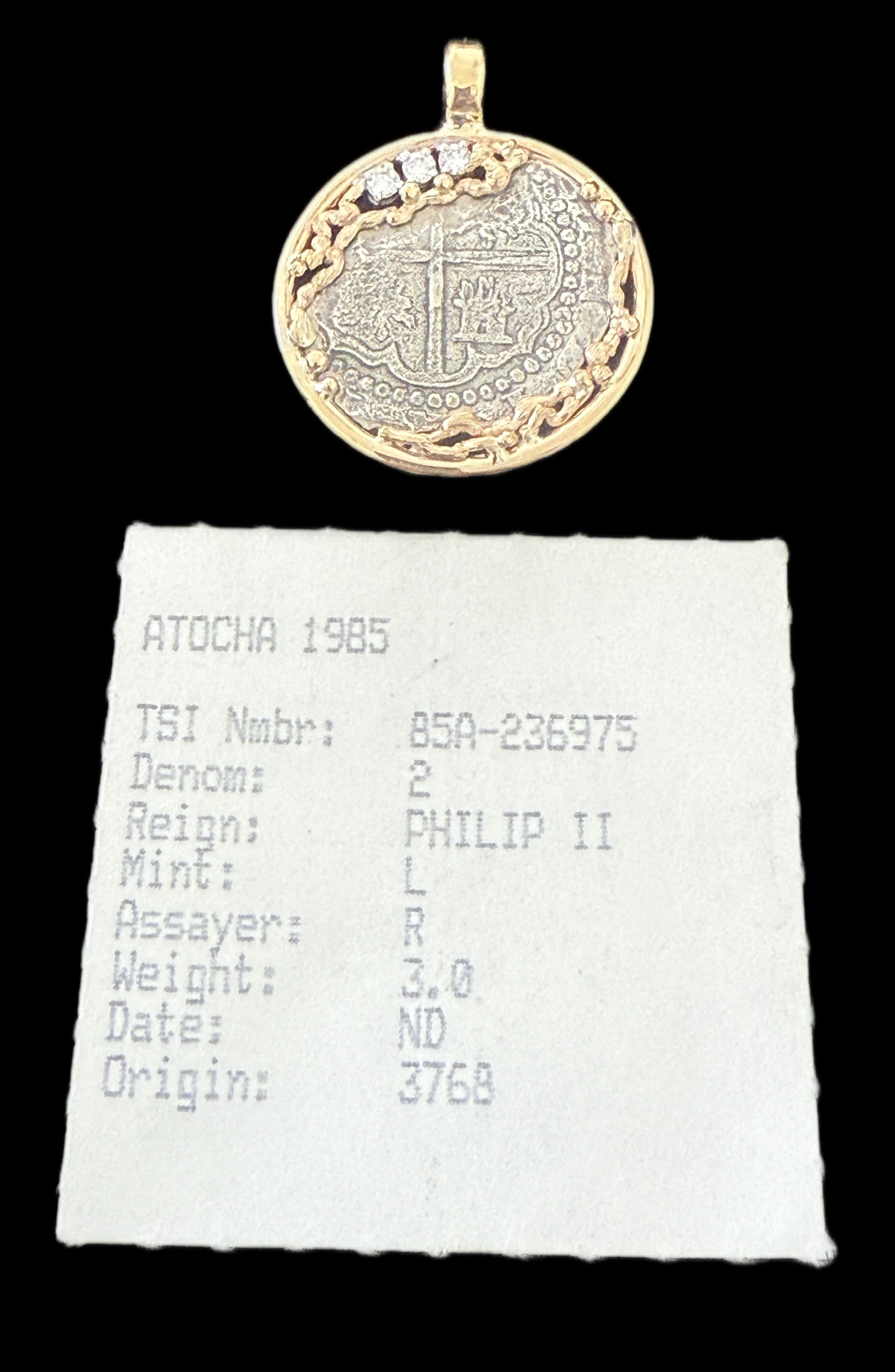 Atocha 2 Reales Grade 2 Assayer R Mounted in 14k Gold 5 grams and 0.18ct Diamonds