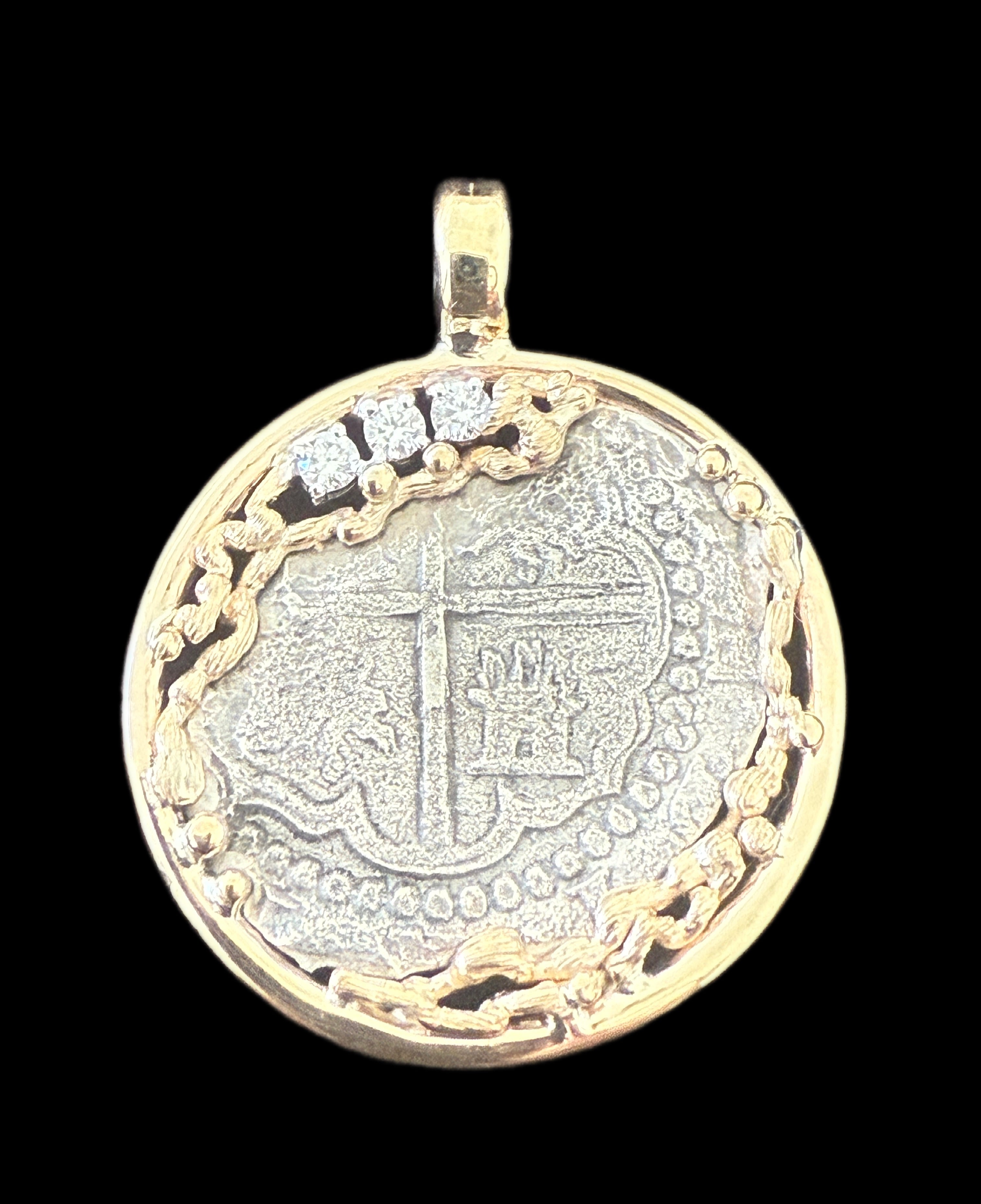 Atocha 2 Reales Grade 2 Assayer R Mounted in 14k Gold 5 grams and 0.18ct Diamonds