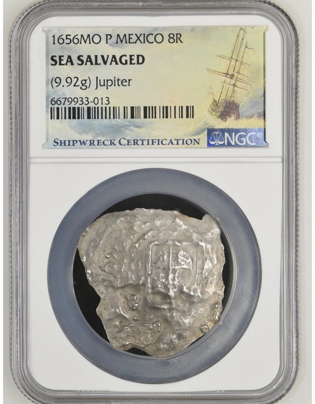 JUPITER SHIPWRECK 8 REALES Mexico Dated 1656 NGC Graded 14k Bezel JUPITER SHIPWRECK 8 REALES Mexico Dated 1656 NGC Graded 14k Bezel