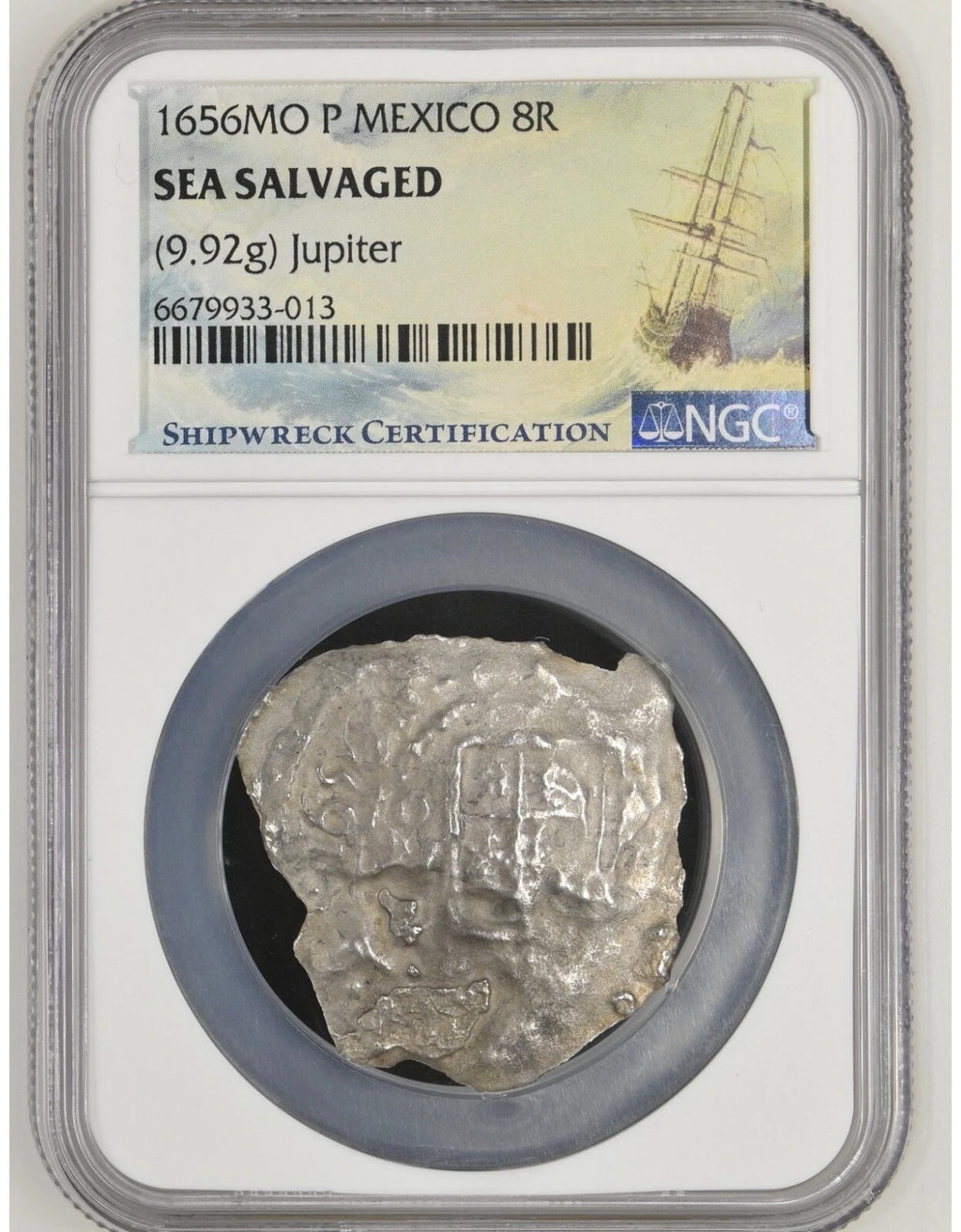 JUPITER SHIPWRECK 8 REALES Mexico Dated 1656 NGC Graded 14k Bezel