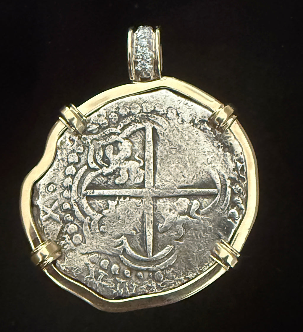 Atocha 8 Reales Grade 3 Mounted in 14k Gold with Diamonds