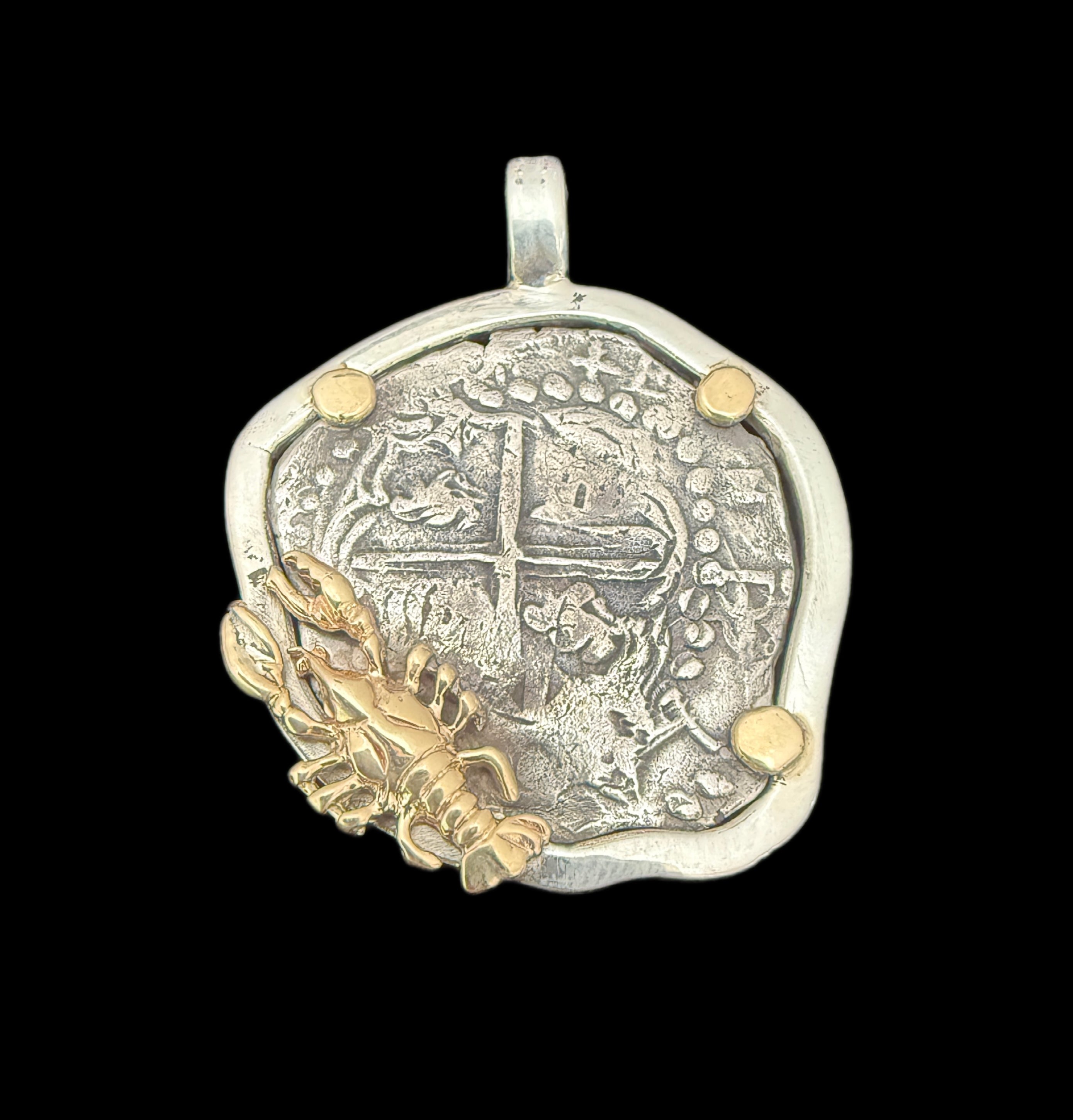 2 REALES POTOSI Original Land Find Mounted 14k gold and Silver (ATOCHA ERA)