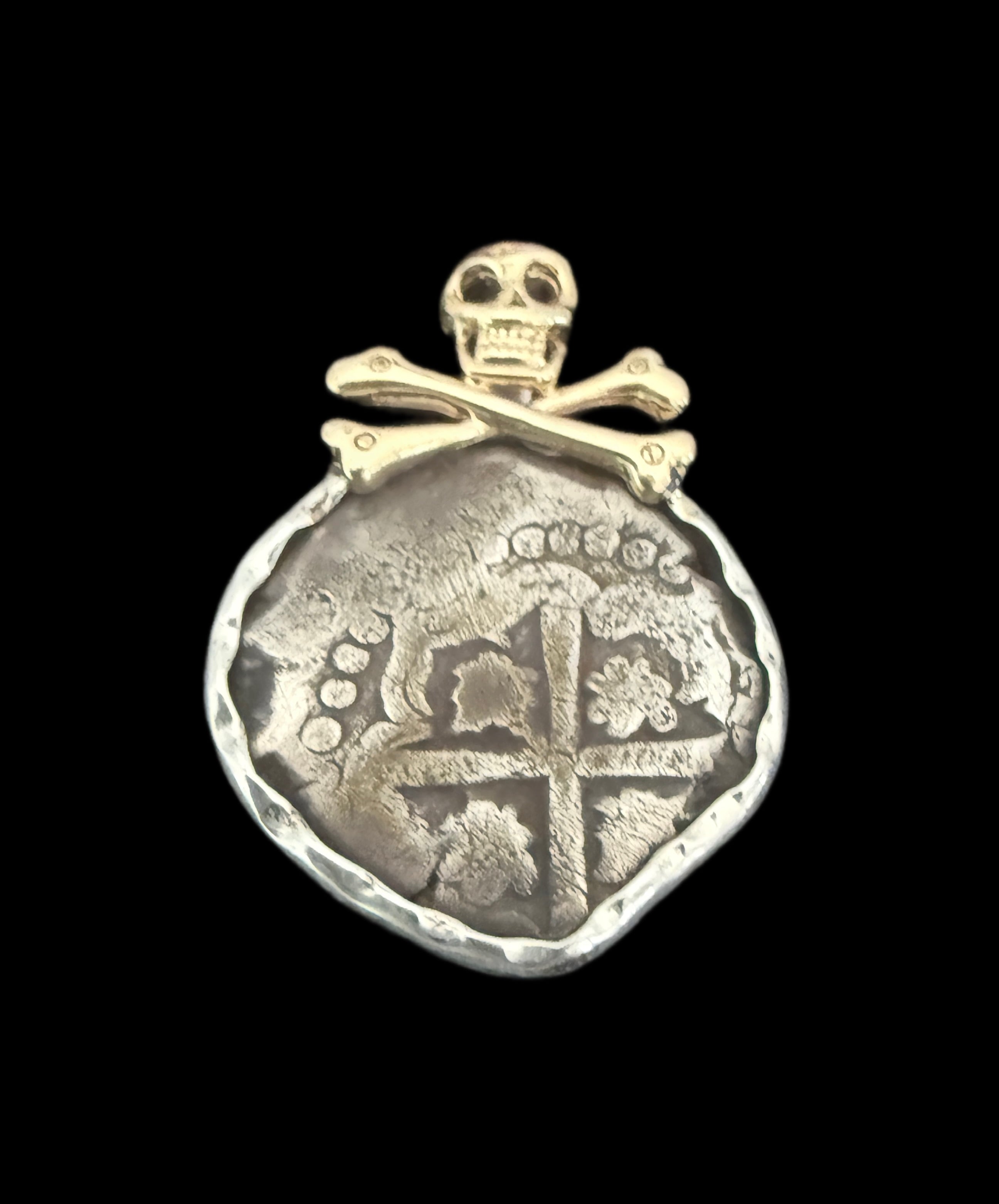 2 REALES POTOSI Original Land Find Mounted 14k gold and Silver (ATOCHA ERA)