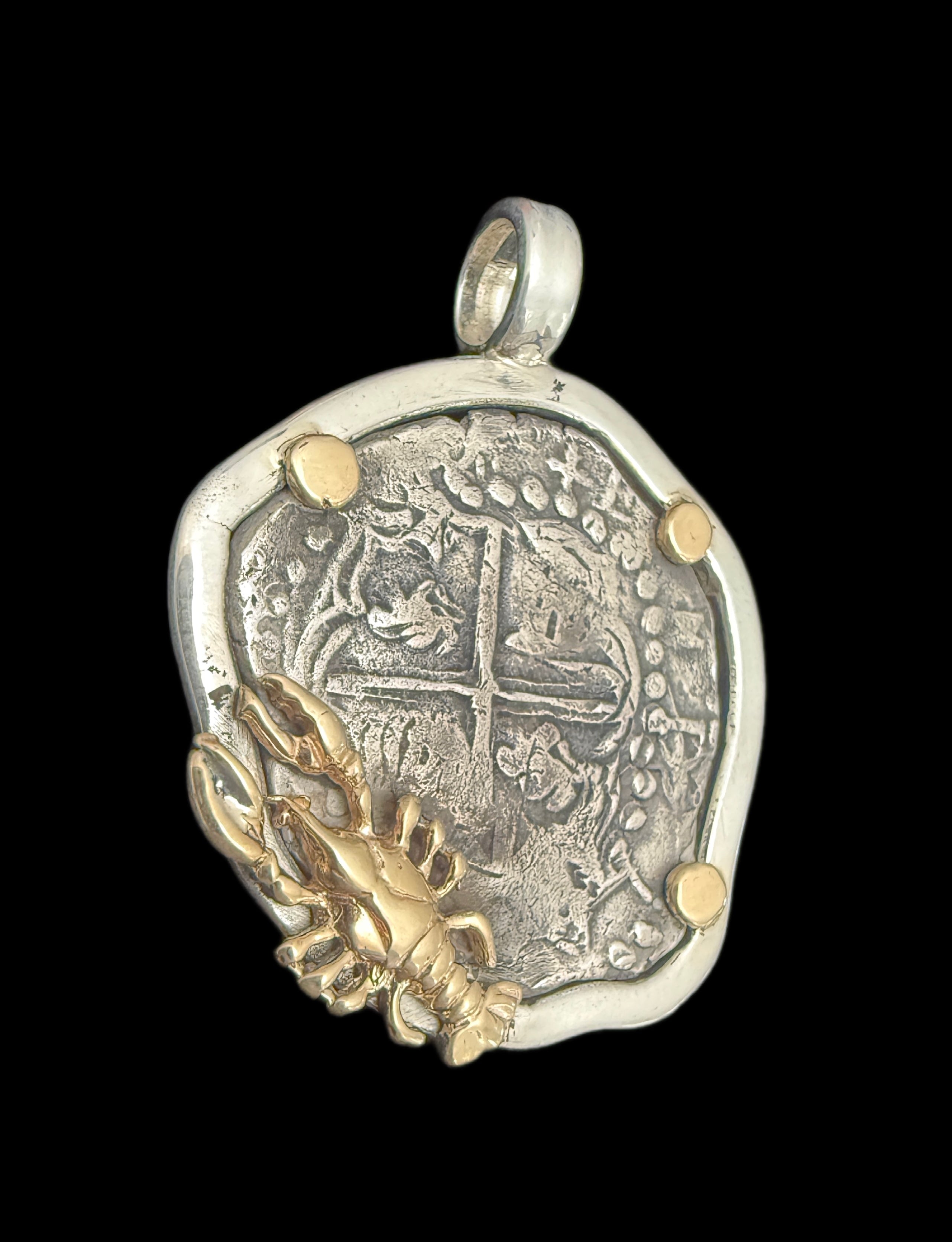 2 REALES POTOSI Original Land Find Mounted 14k gold and Silver (ATOCHA ERA)