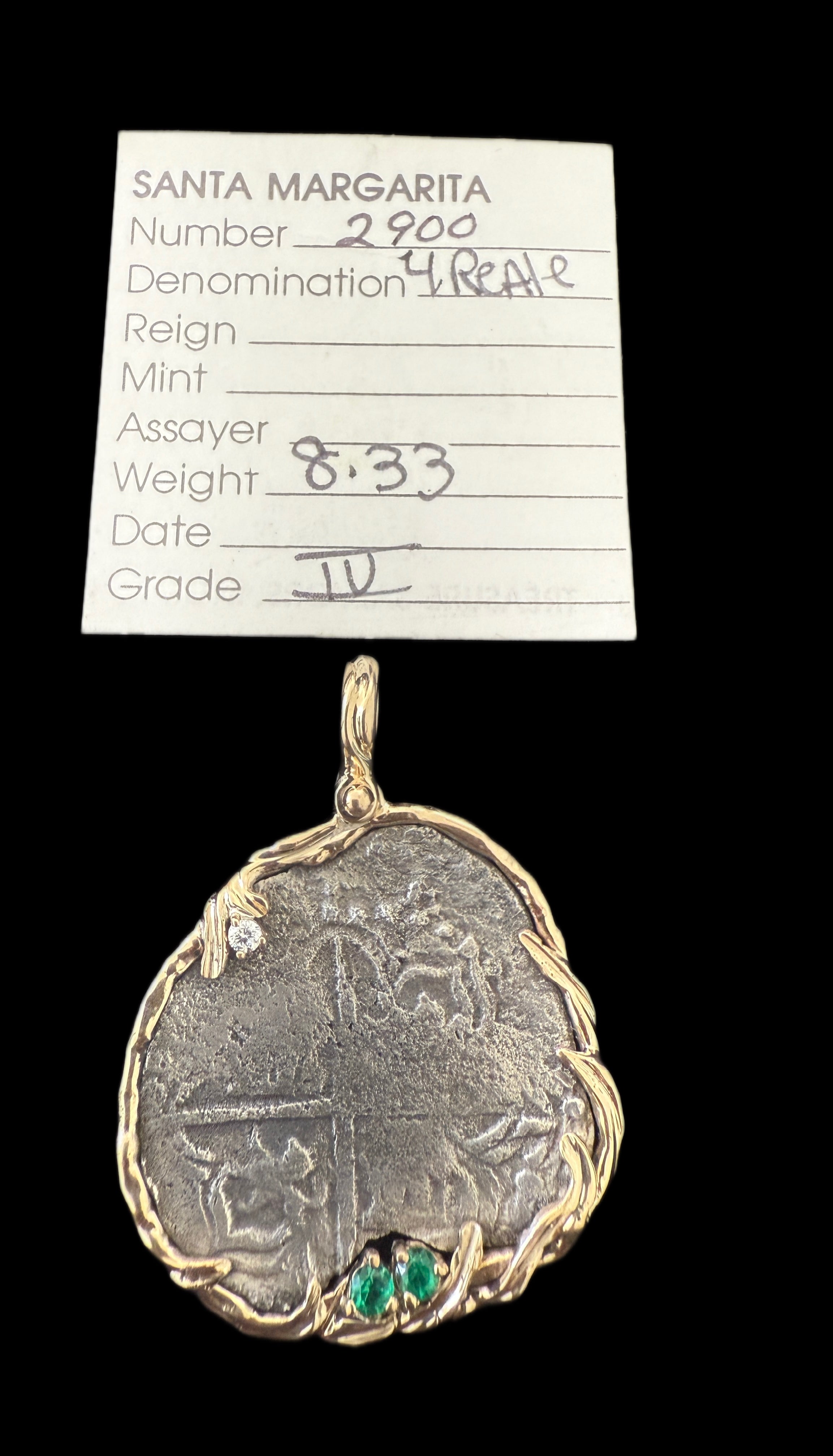 Santa Margarita 4 Reales Mounted in 5.6 grams 14k Gold, 0.08ct Diamond and 0.20ct Emerald.