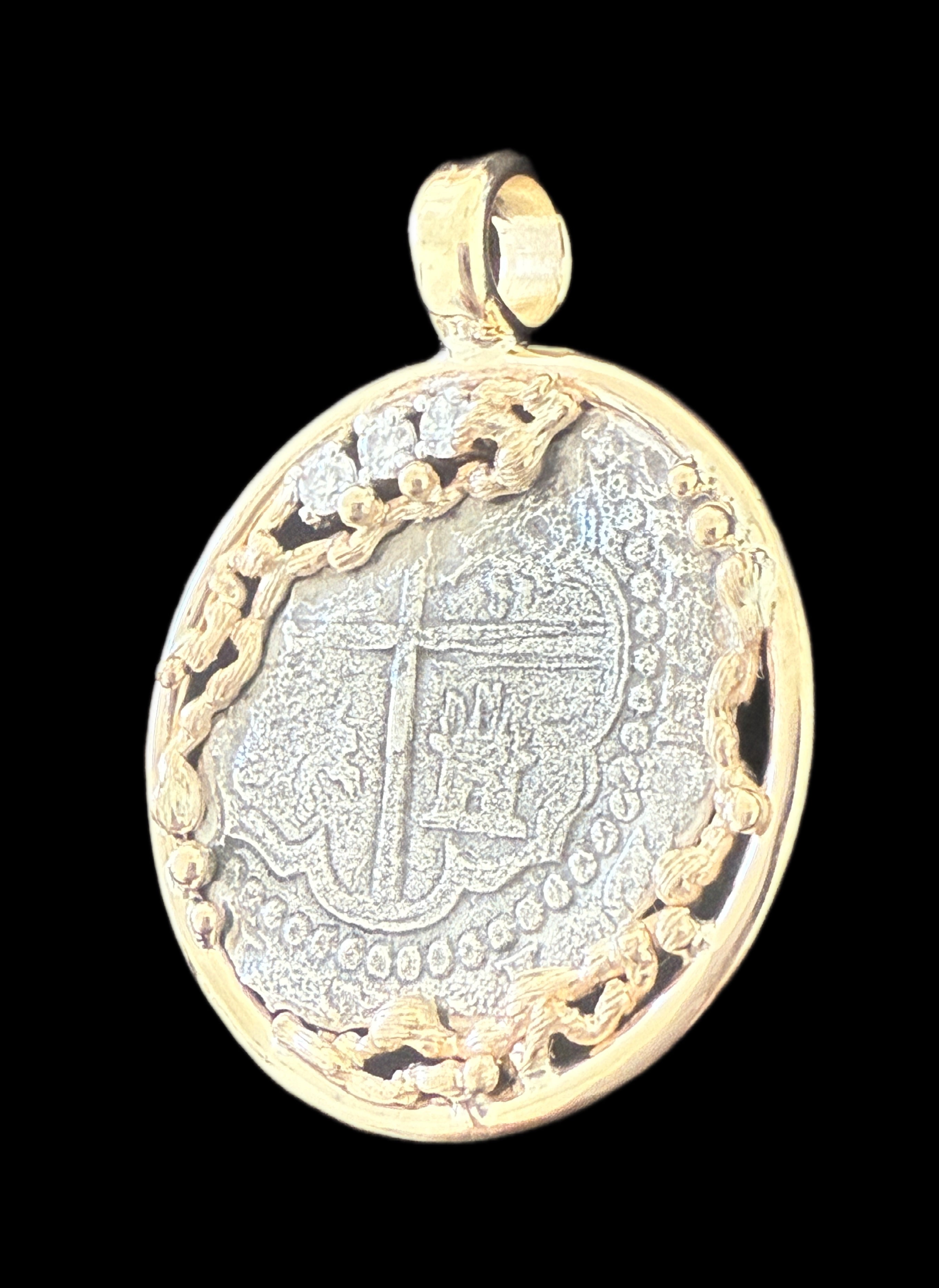 Atocha 2 Reales Grade 2 Assayer R Mounted in 14k Gold 5 grams and 0.18ct Diamonds