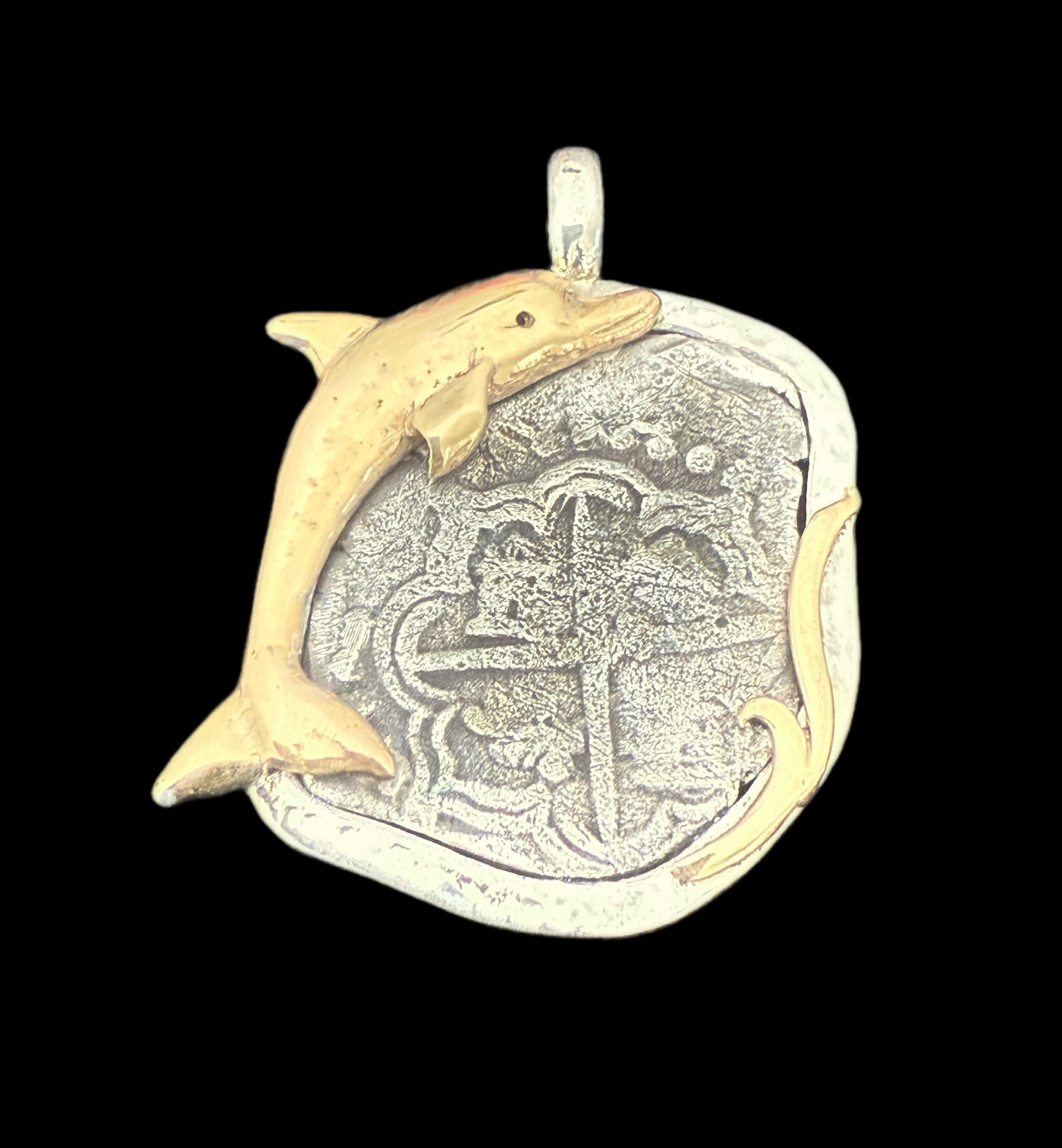 2 REALES POTOSI Original Land Find Mounted 14k gold and Silver (ATOCHA ERA)