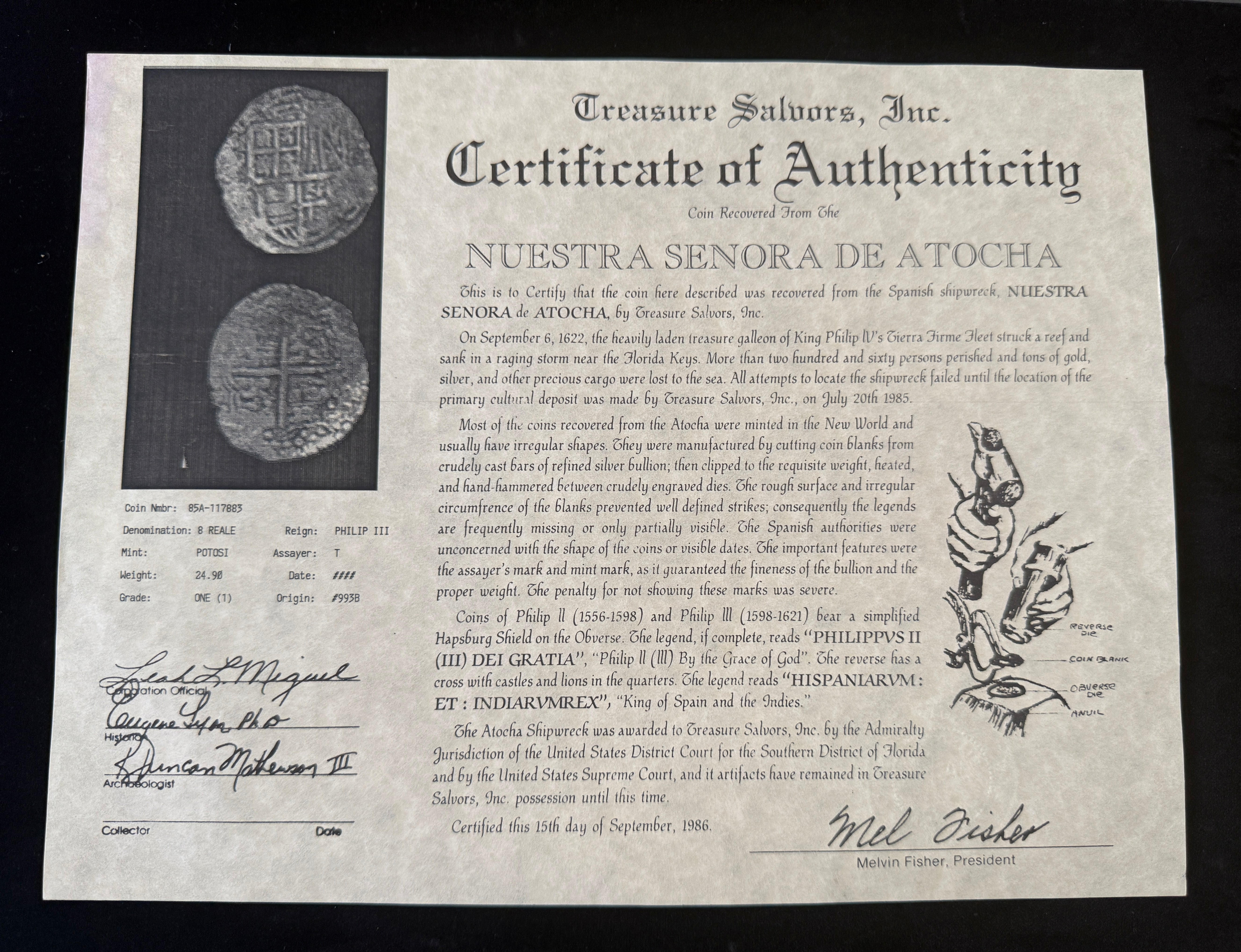 Atocha 8 Reales Grade 1 Assayer T Mounted in 8.3 grams 14k Gold