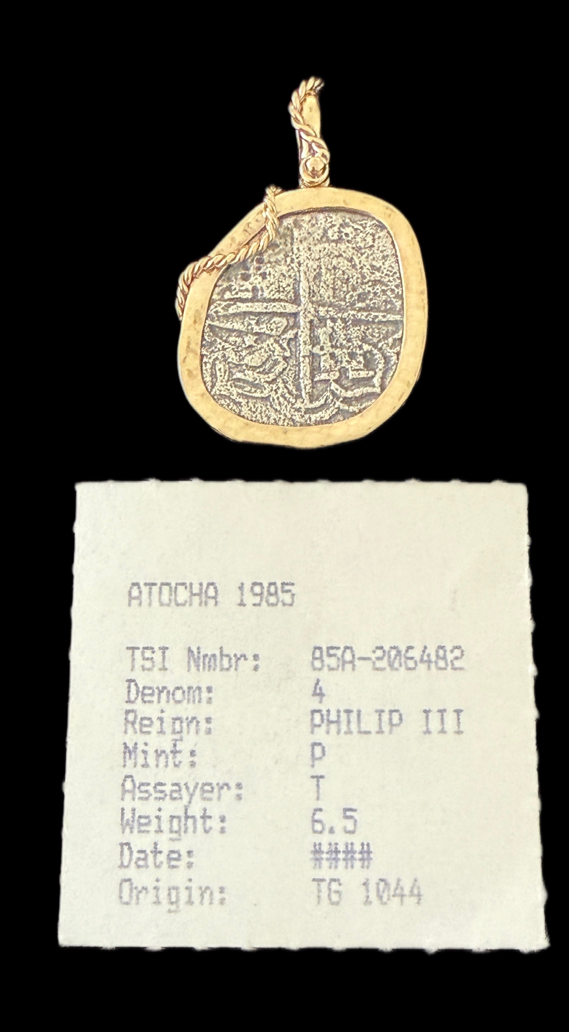 Atocha 4 Reales Grade 2 Assayer T Mounted in 5 grams 14k Gold