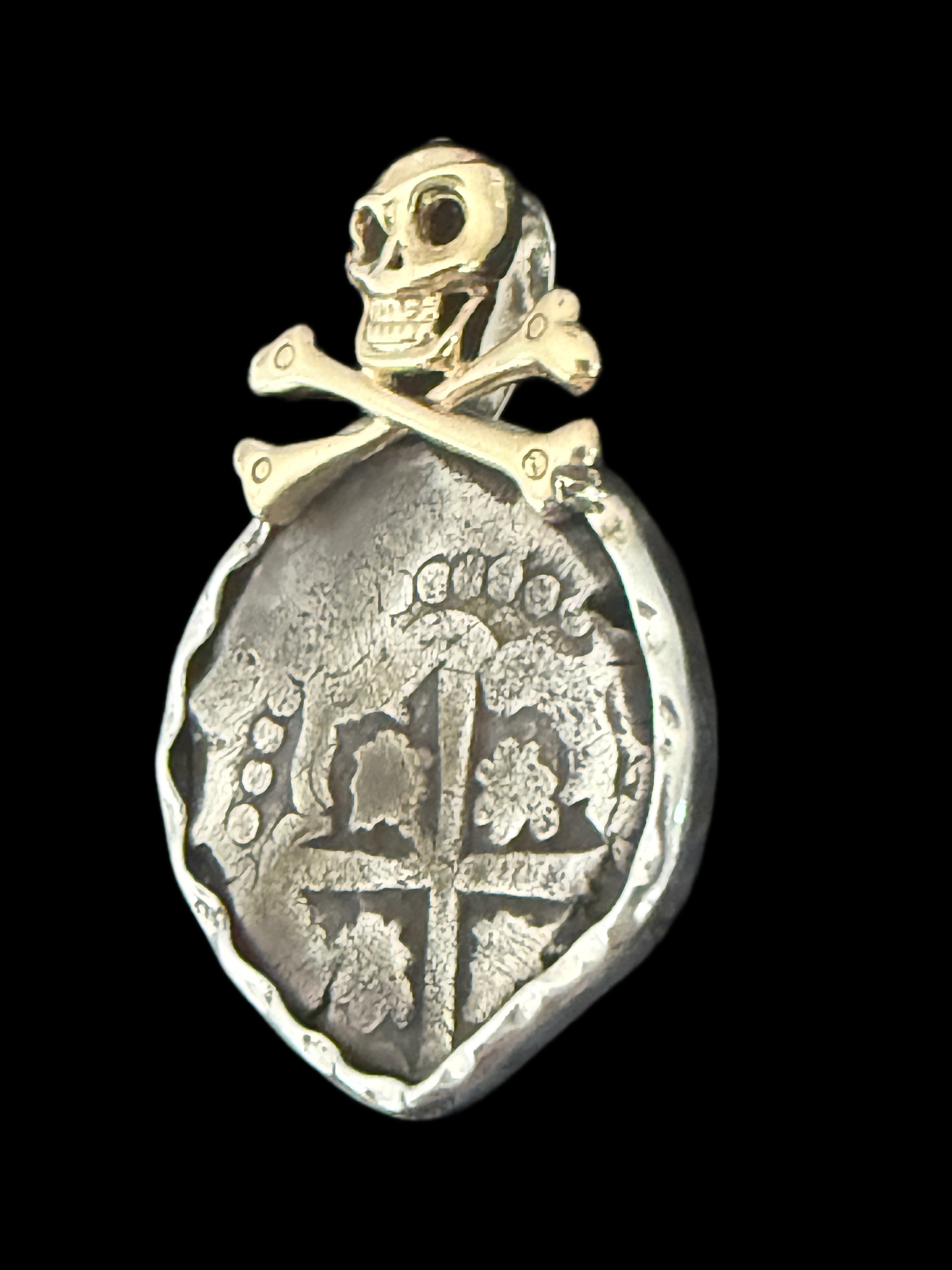 2 REALES POTOSI Original Land Find Mounted 14k gold and Silver (ATOCHA ERA)