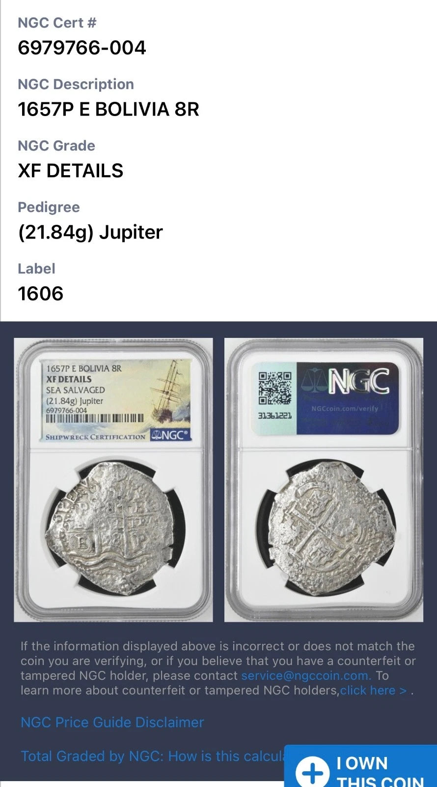 JUPITER SHIPWRECK 8 REALES Bolivia NGC XF Details
