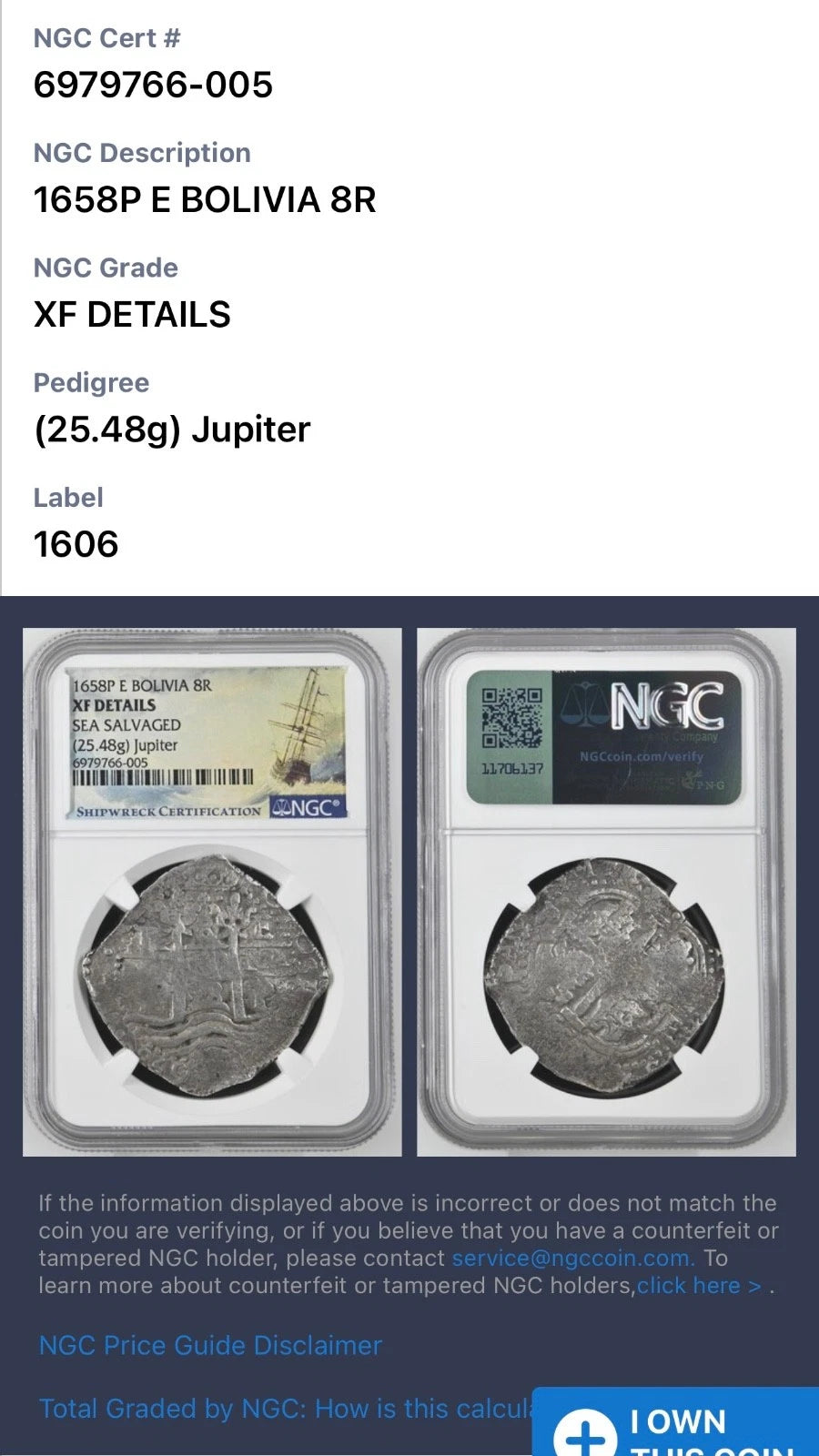 JUPITER SHIPWRECK 8 REALES Bolivia Dated 1658 NGC XF Details