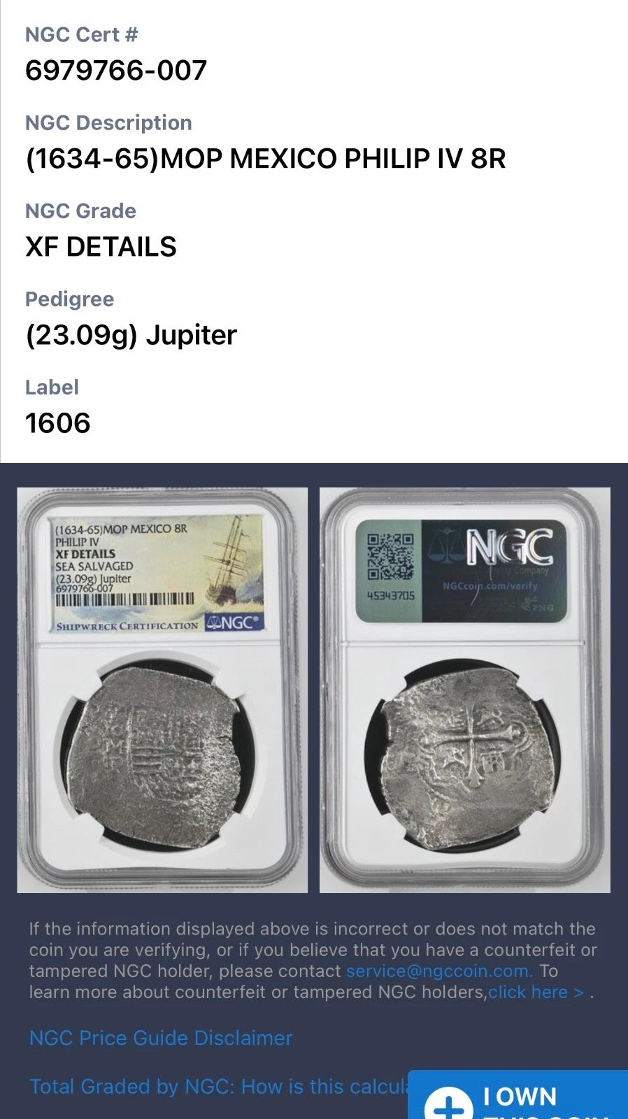 JUPITER SHIPWRECK 8 REALES Mexico Dated 1655 NGC XF Details
