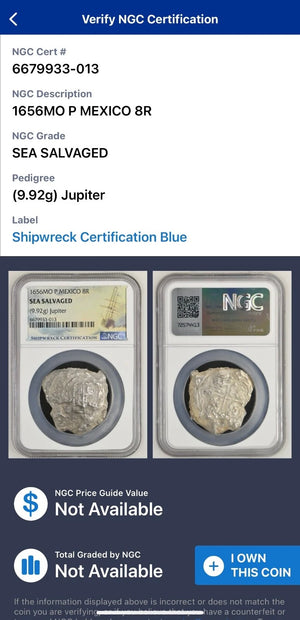 JUPITER SHIPWRECK 8 REALES Mexico Dated 1656 NGC Graded 14k Bezel
