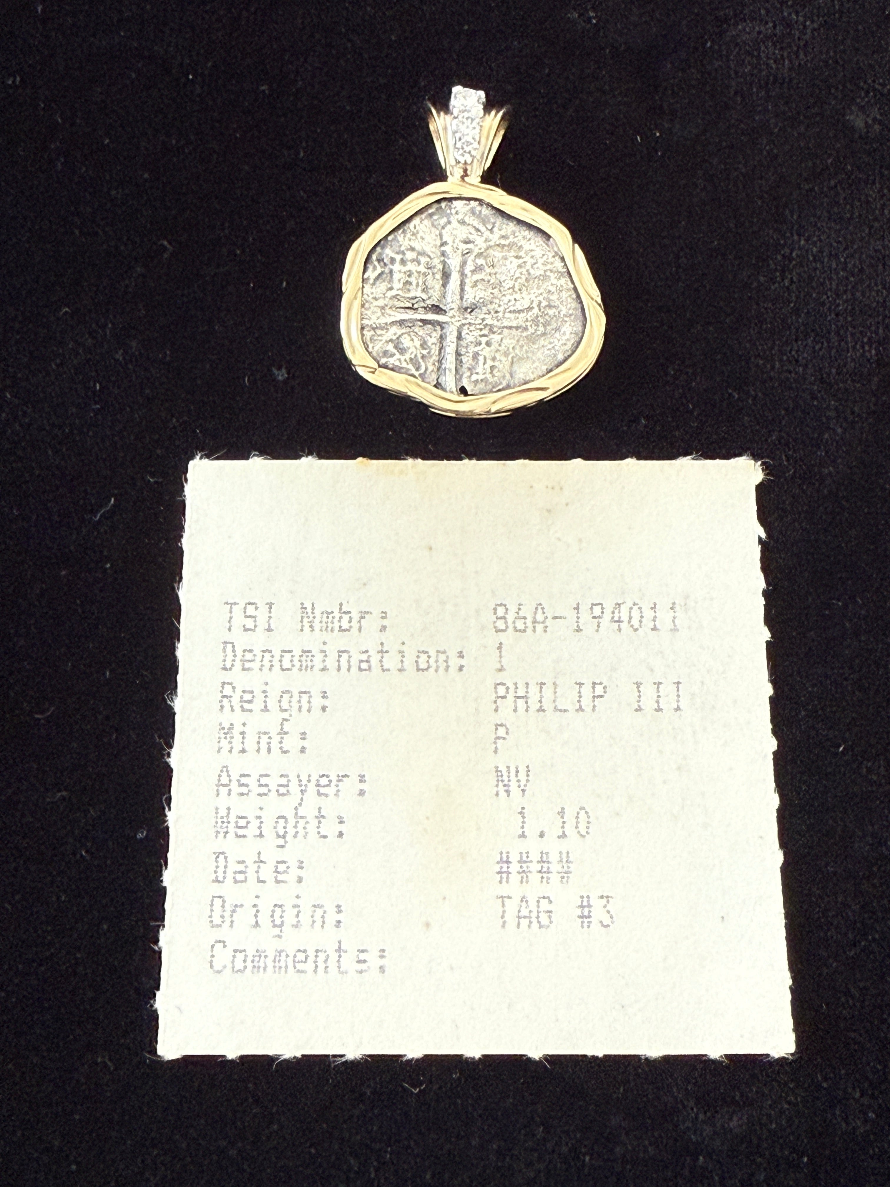 Atocha 1 Real Grade 2 Mounted in 14k Gold 3.1 grams and 0.18ct Diamonds Beautiful Coin