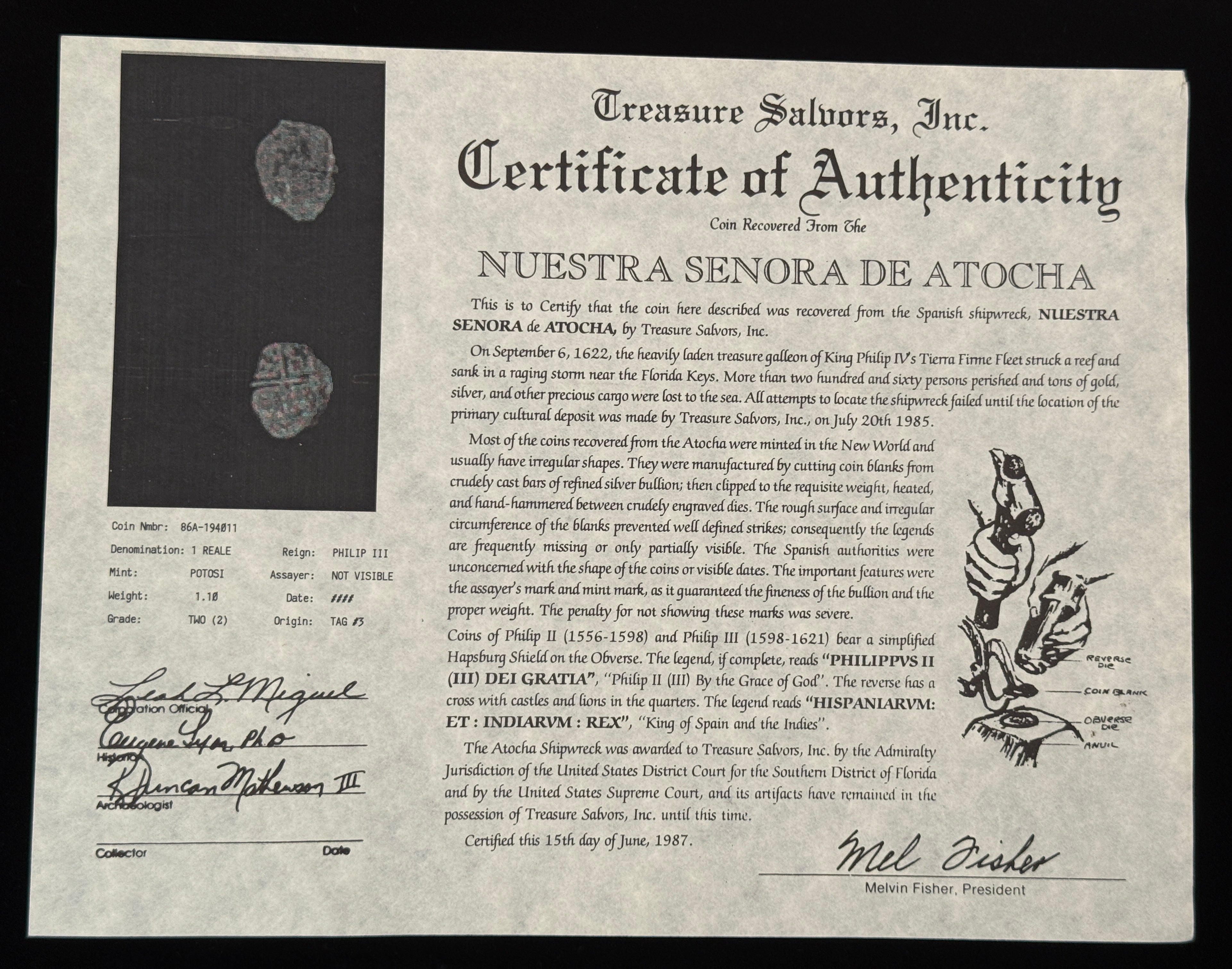 Atocha 1 Real Grade 2 Mounted in 14k Gold 3.1 grams and 0.18ct Diamonds Beautiful Coin