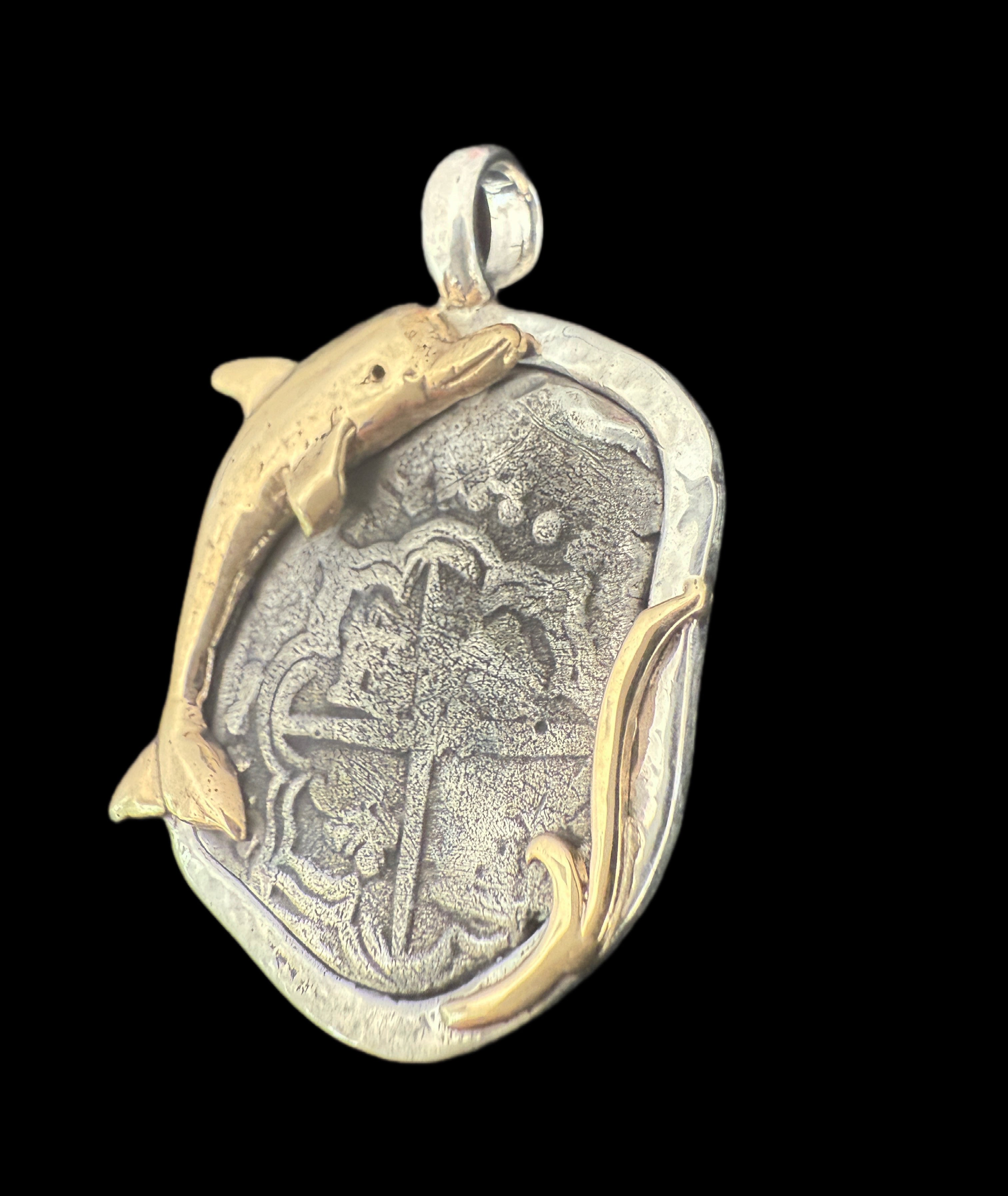 2 REALES POTOSI Original Land Find Mounted 14k gold and Silver (ATOCHA ERA)