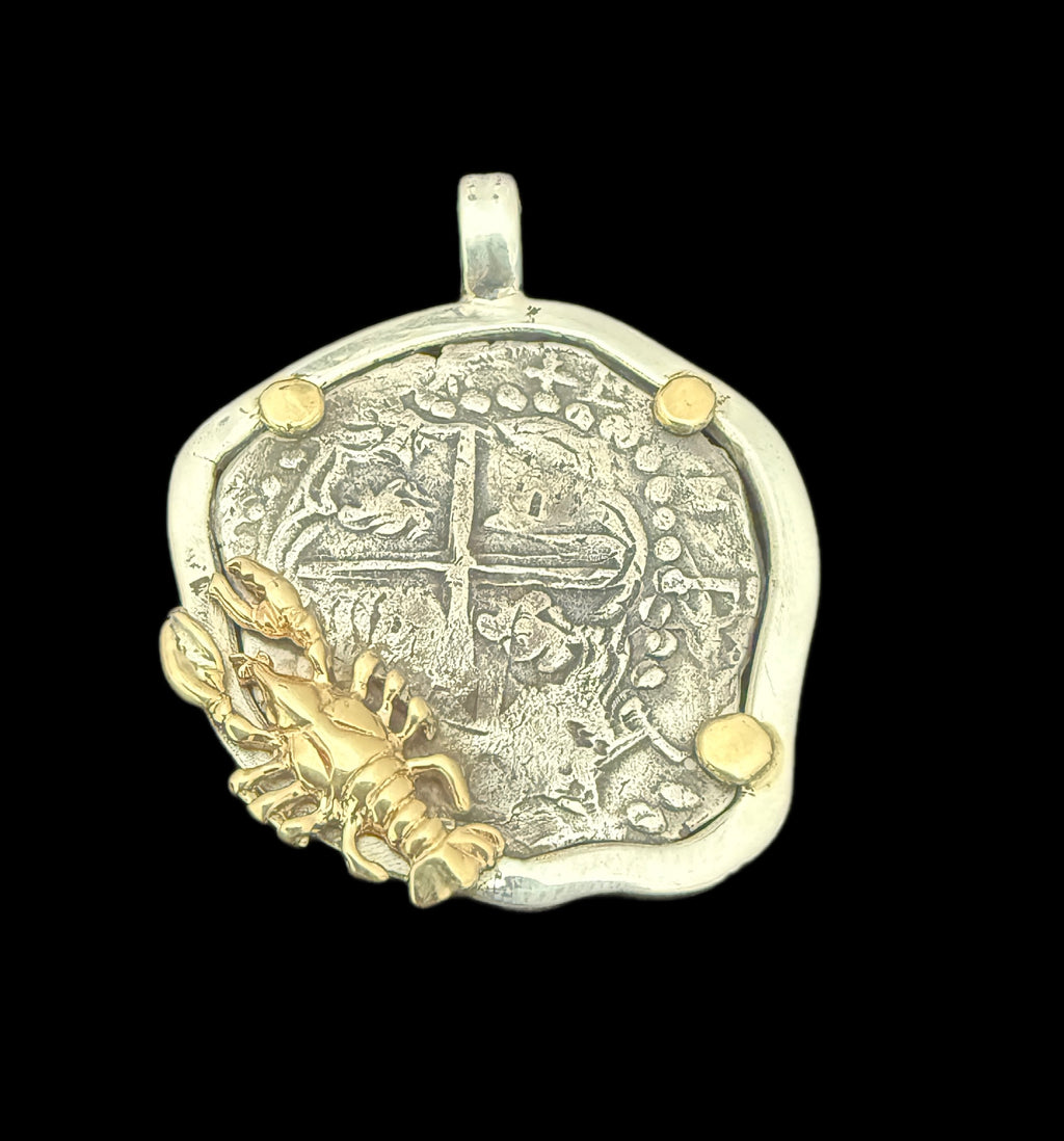 2 REALES POTOSI Original Land Find Mounted 14k gold and Silver (ATOCHA ERA)