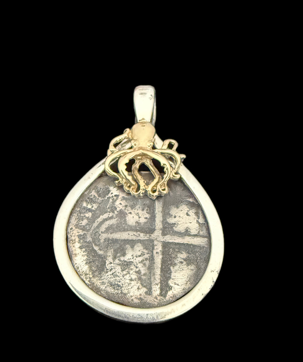 1 REAL POTOSI Original Land Find Mounted 14k gold and Silver (ATOCHA ERA)