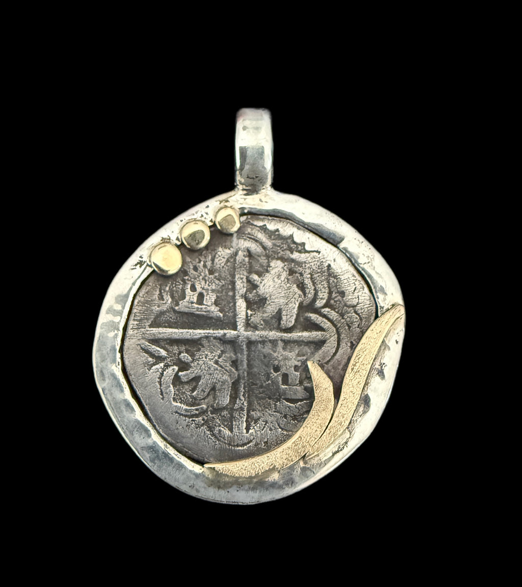 1 REAL POTOSI Original Land Find Mounted 14k gold and Silver (ATOCHA ERA)