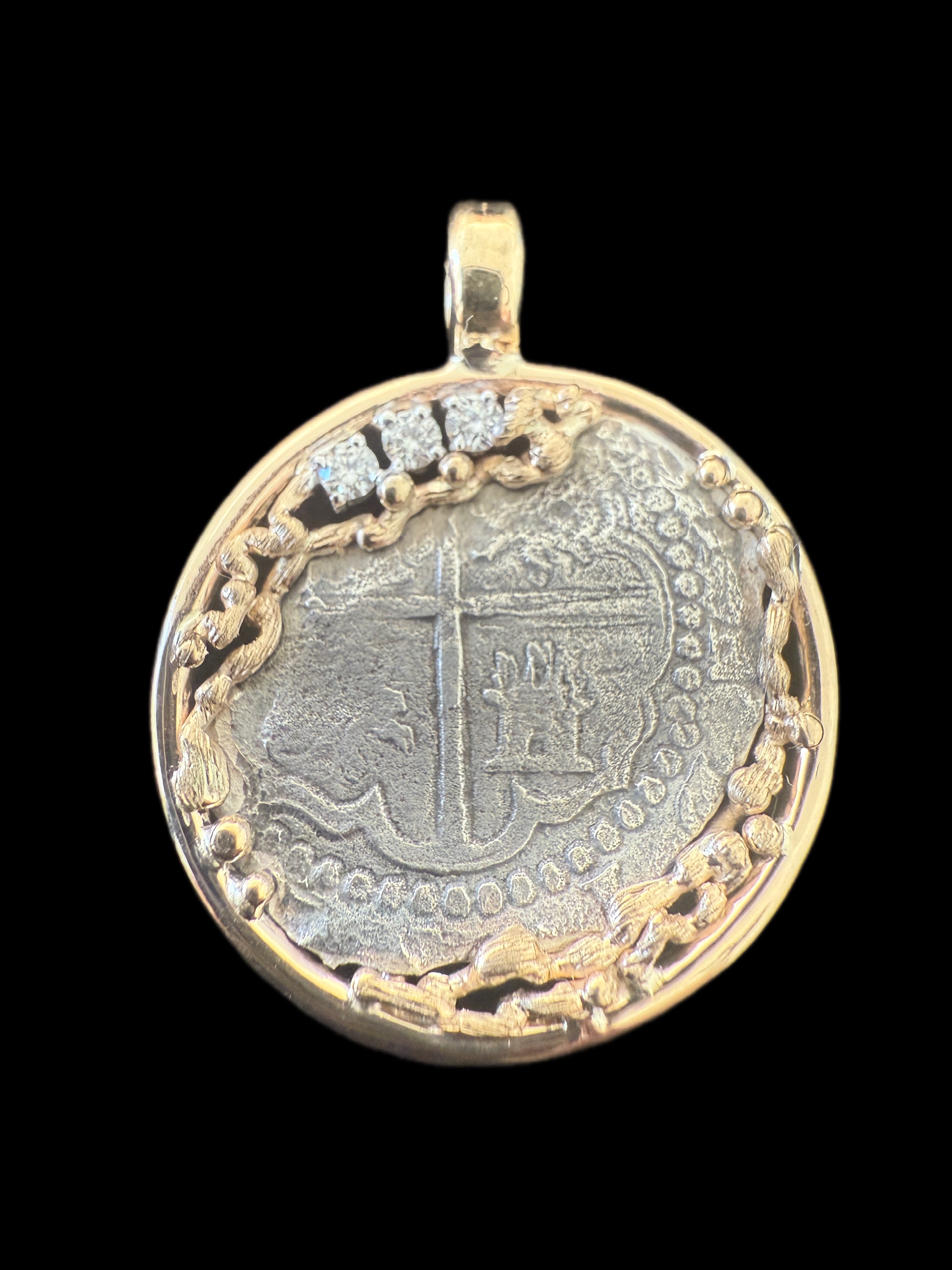 Atocha 2 Reales Grade 2 Assayer R Mounted in 14k Gold 5 grams and 0.18ct Diamonds