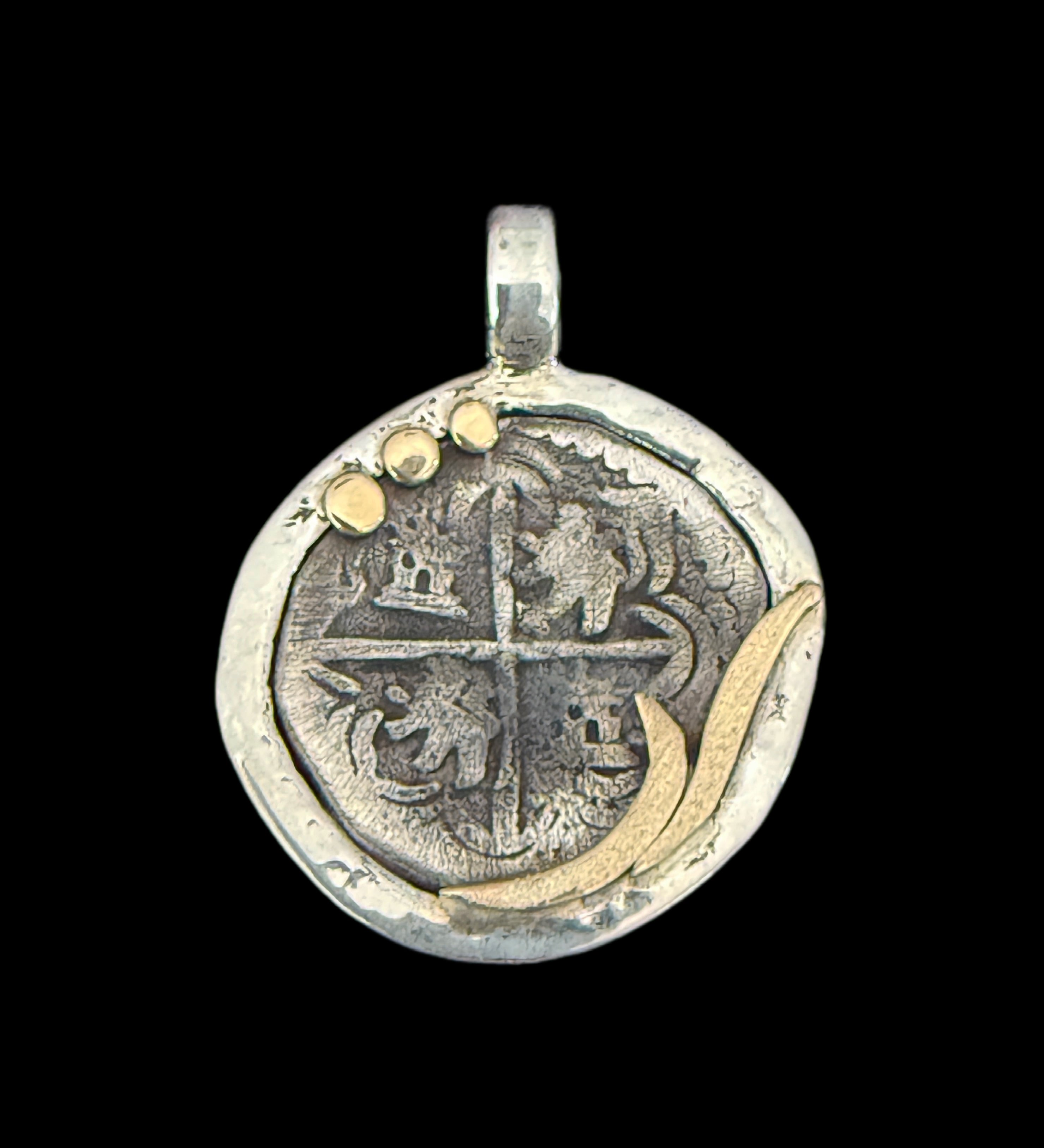 1 REAL POTOSI Original Land Find Mounted 14k gold and Silver (ATOCHA ERA)