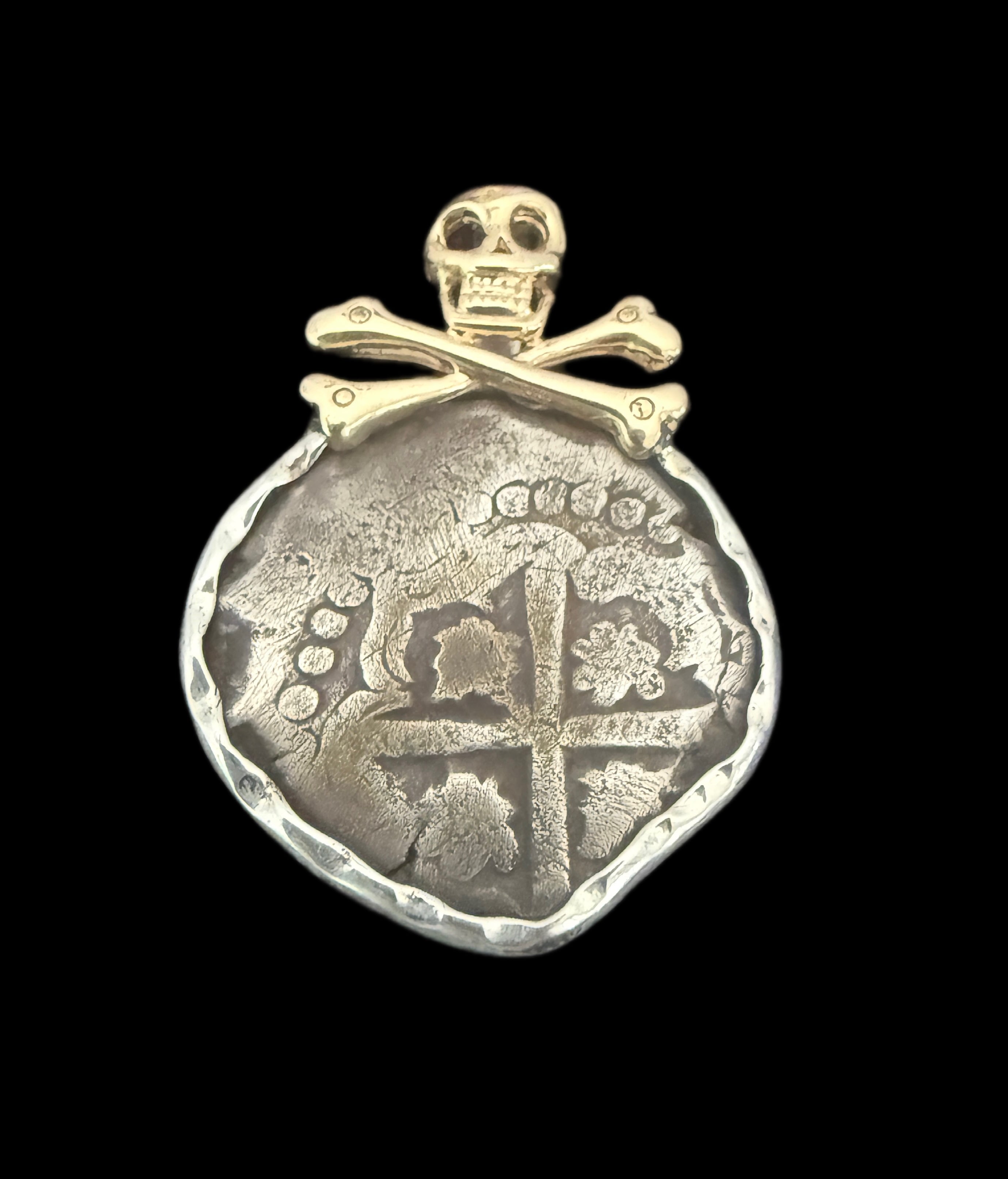 2 REALES POTOSI Original Land Find Mounted 14k gold and Silver (ATOCHA ERA)