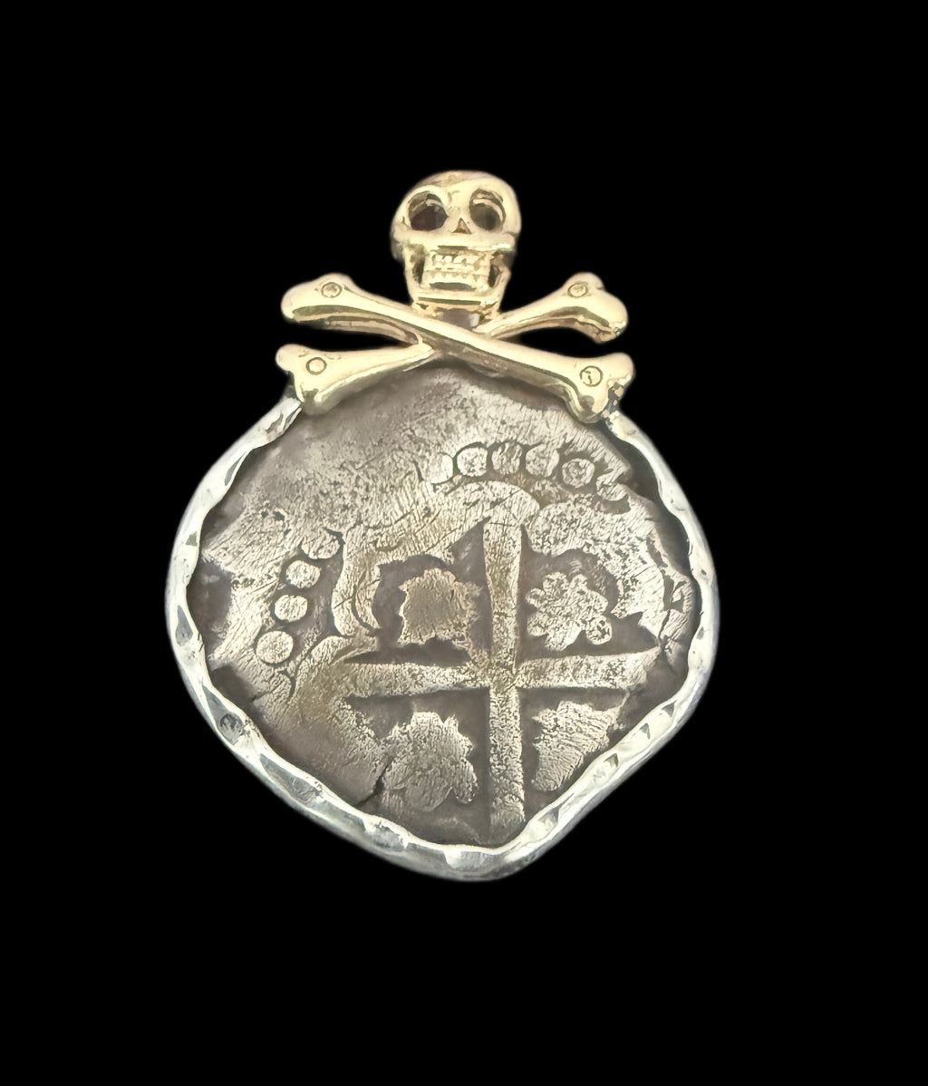 2 REALES POTOSI Original Land Find Mounted 14k gold and Silver (ATOCHA ERA)