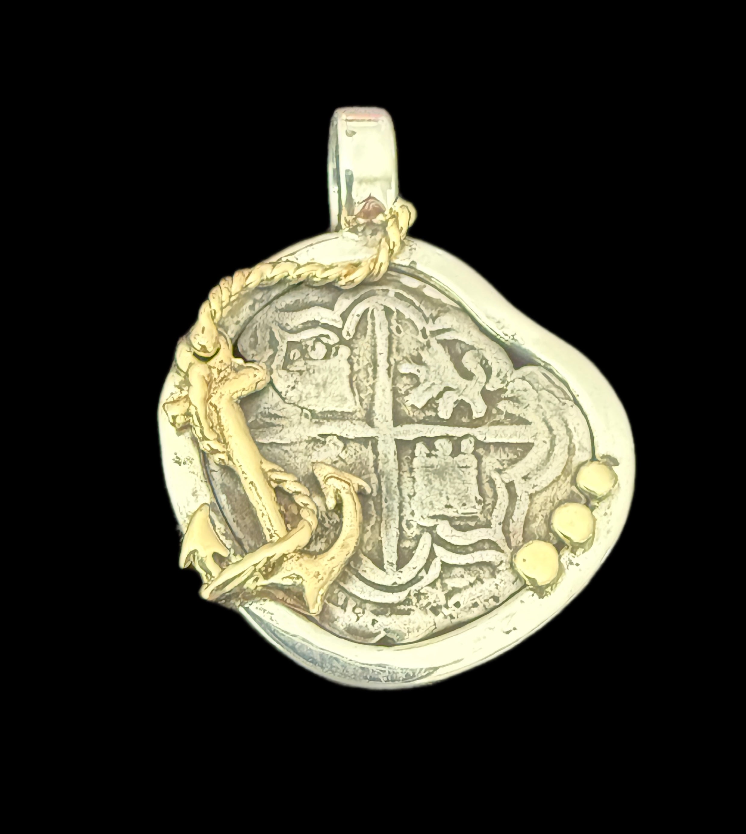 1 REAL POTOSI Original Land Find Mounted 14k gold and Silver (ATOCHA ERA)