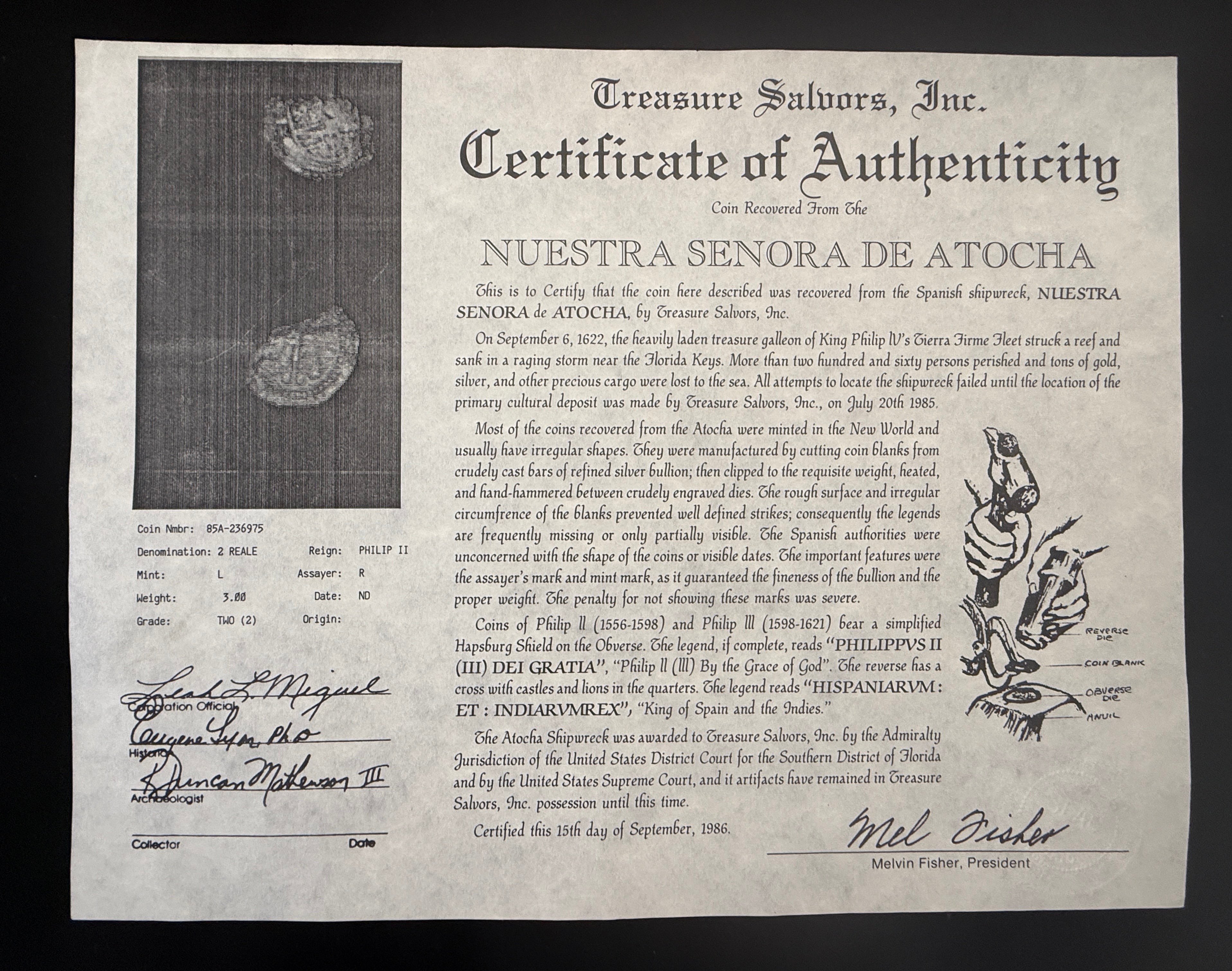 Atocha 2 Reales Grade 2 Assayer R Mounted in 14k Gold 5 grams and 0.18ct Diamonds