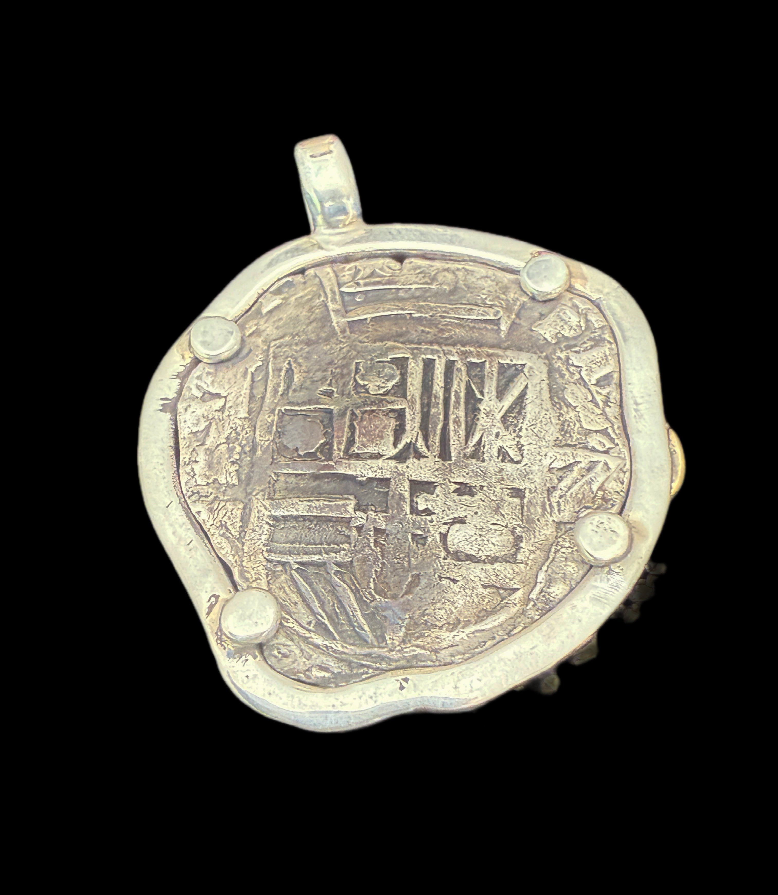 2 REALES POTOSI Original Land Find Mounted 14k gold and Silver (ATOCHA ERA)