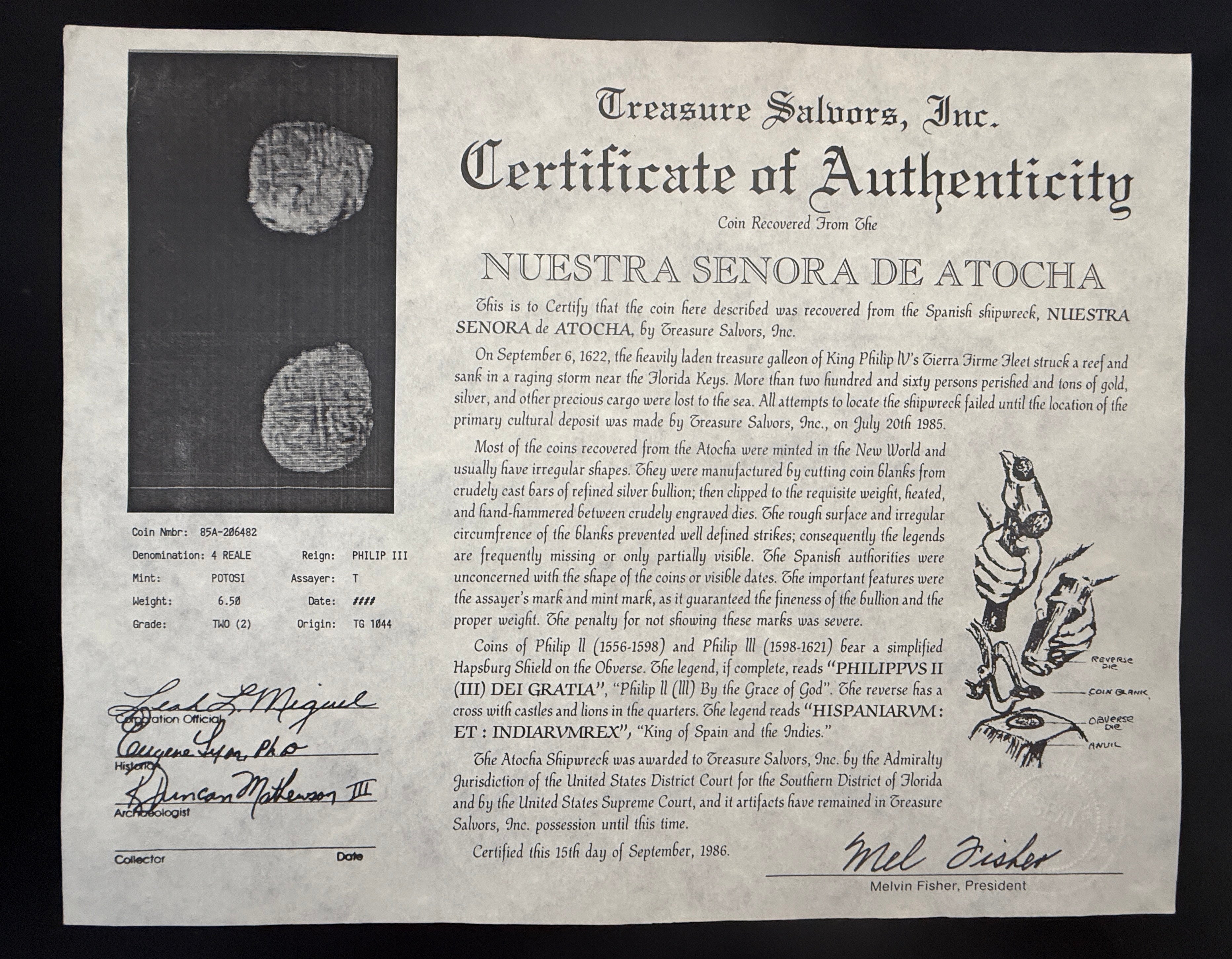 Atocha 4 Reales Grade 2 Assayer T Mounted in 5 grams 14k Gold