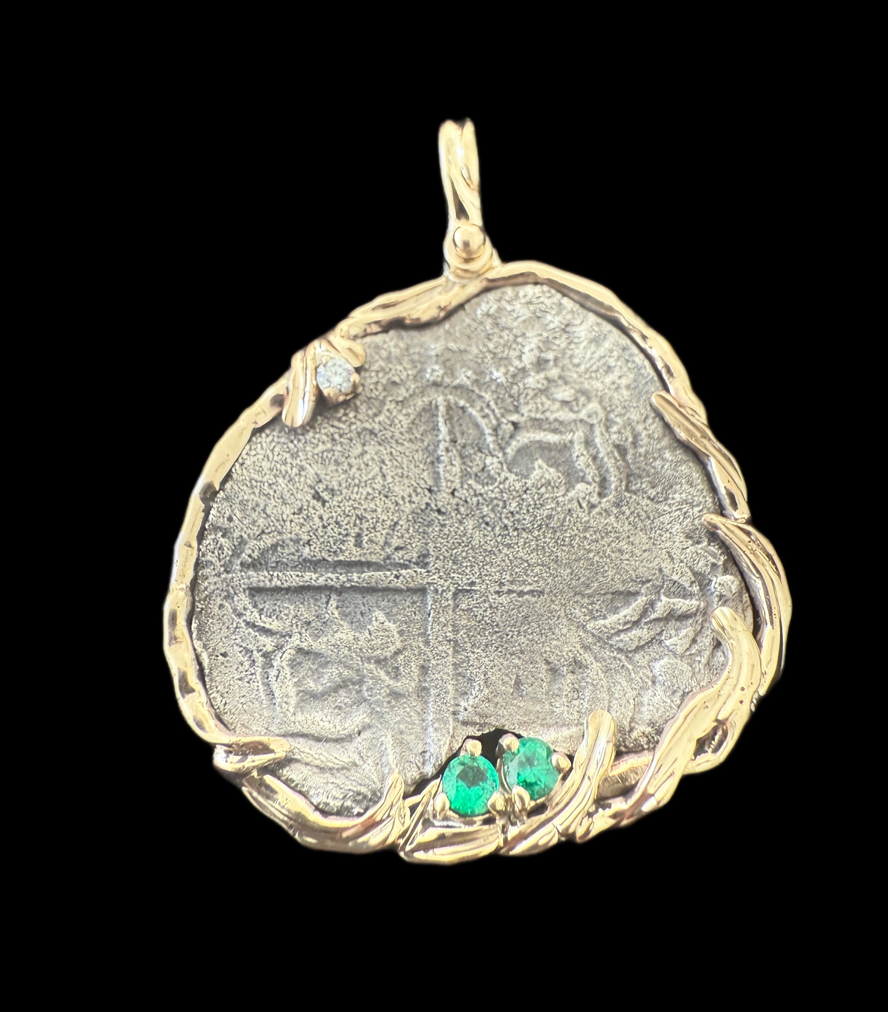 Santa Margarita 4 Reales Mounted in 5.6 grams 14k Gold, 0.08ct Diamond and 0.20ct Emerald.