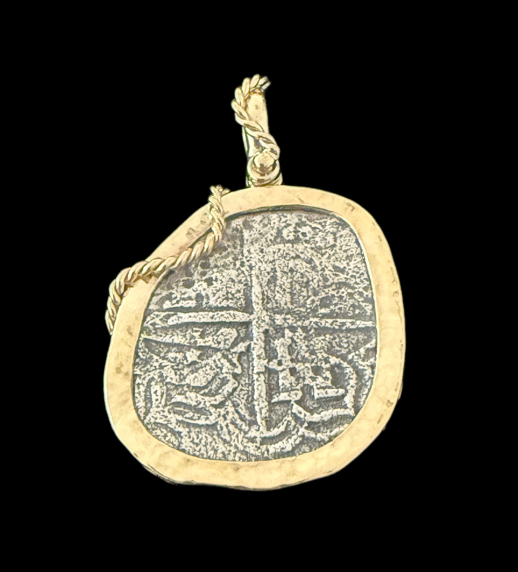 Atocha 4 Reales Grade 2 Assayer T Mounted in 5 grams 14k Gold