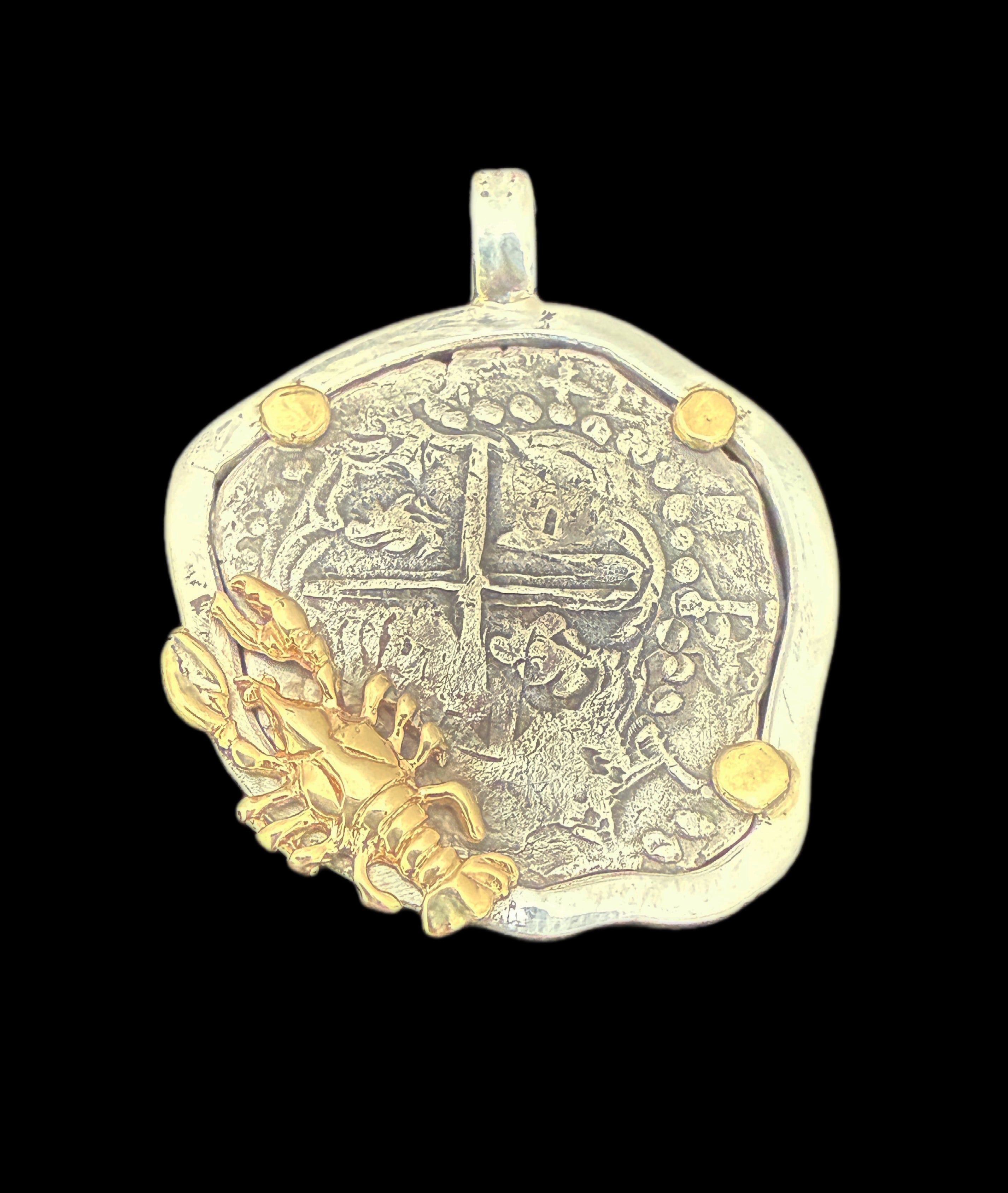 2 REALES POTOSI Original Land Find Mounted 14k gold and Silver (ATOCHA ERA)