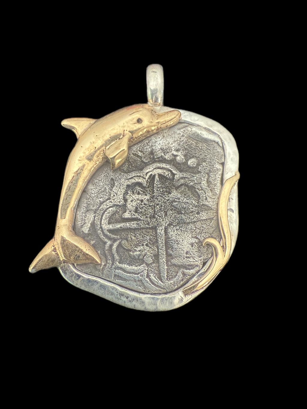 2 REALES POTOSI Original Land Find Mounted 14k gold and Silver (ATOCHA ERA)