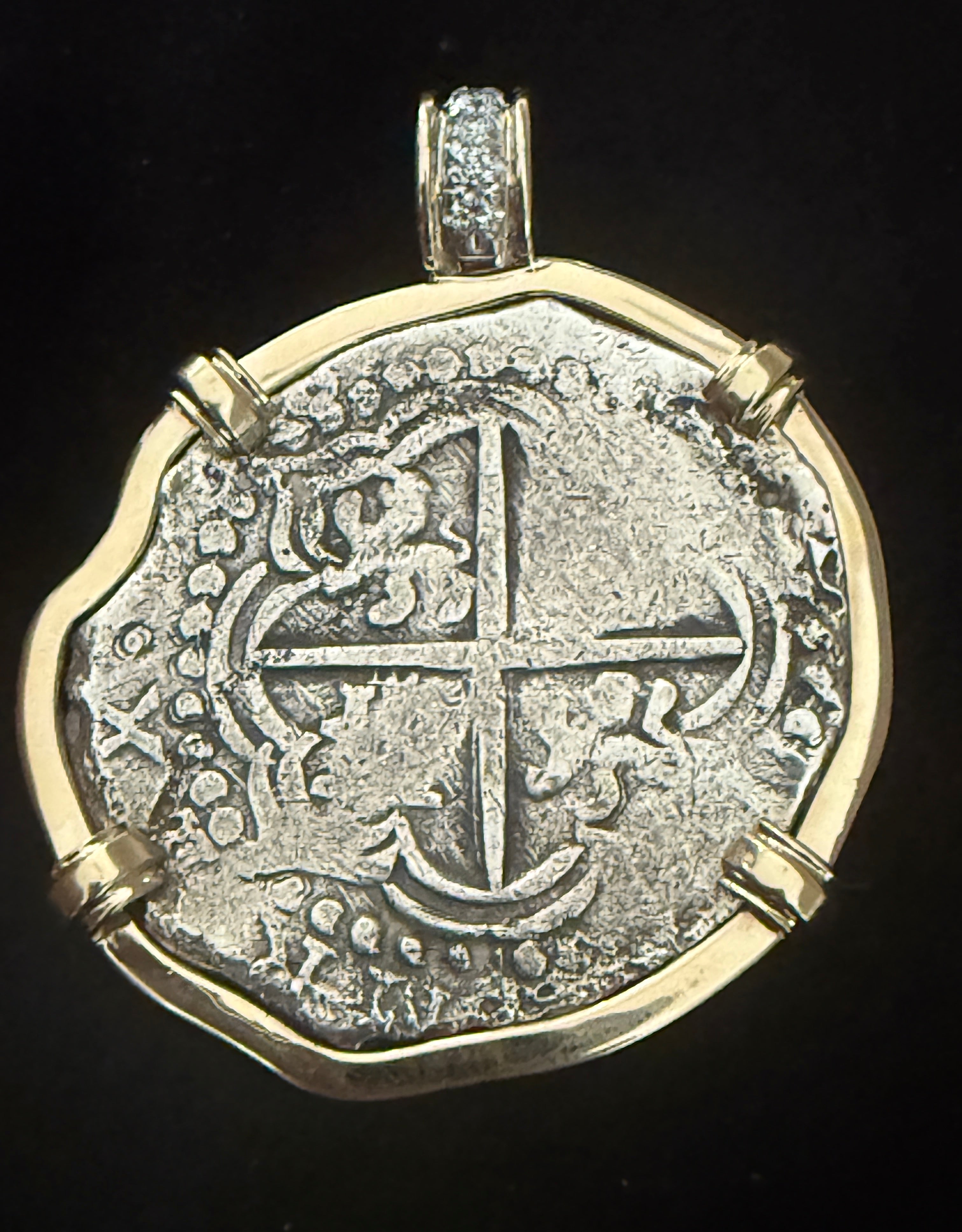 Atocha 8 Reales Grade 3 Mounted in 14k Gold with Diamonds